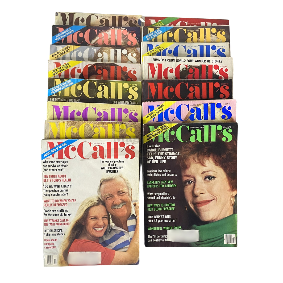 Lot of 15 McCall's Magazine issues featuring iconic covers, including Walter Cronkite with his daughter from February 1977 and Carol Burnett from April 1978, showcasing vibrant designs and cultural significance of the 1970s.