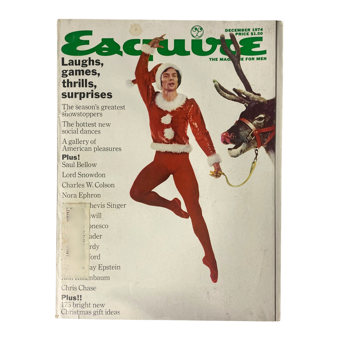 Esquire Magazine December 1974 cover featuring Rudolf Nureyev in a festive outfit with a reindeer, showcasing humor and cultural themes.