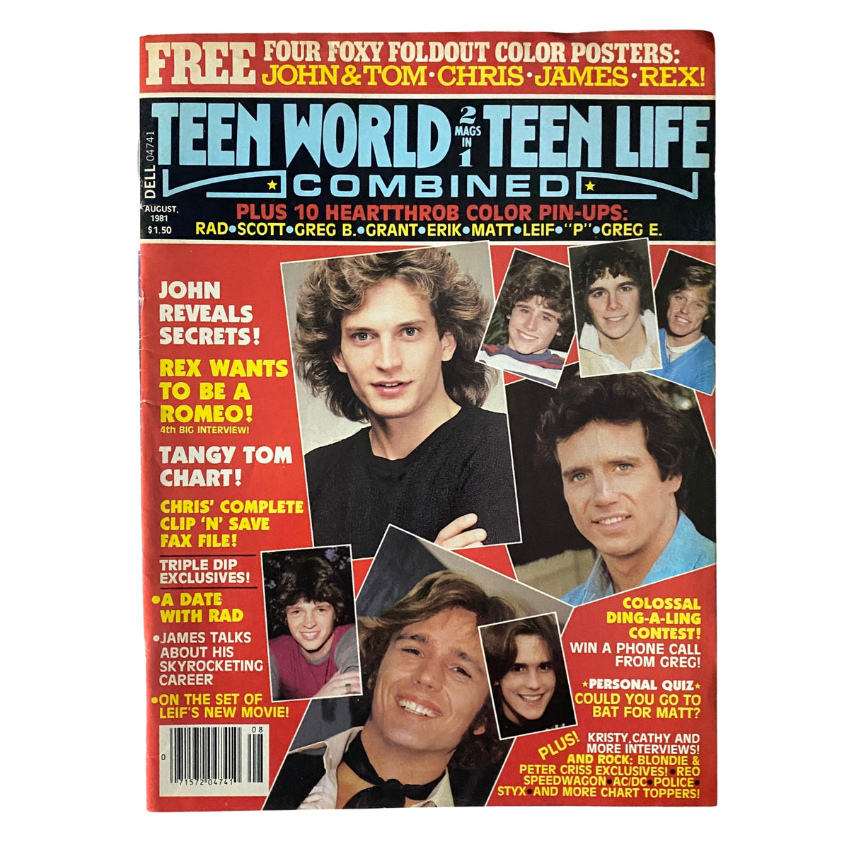 Teen World & Teen Life Magazine August 1981 cover featuring John Schneider and celebrity pin-ups, includes mention of exclusive interviews and a centerfold.