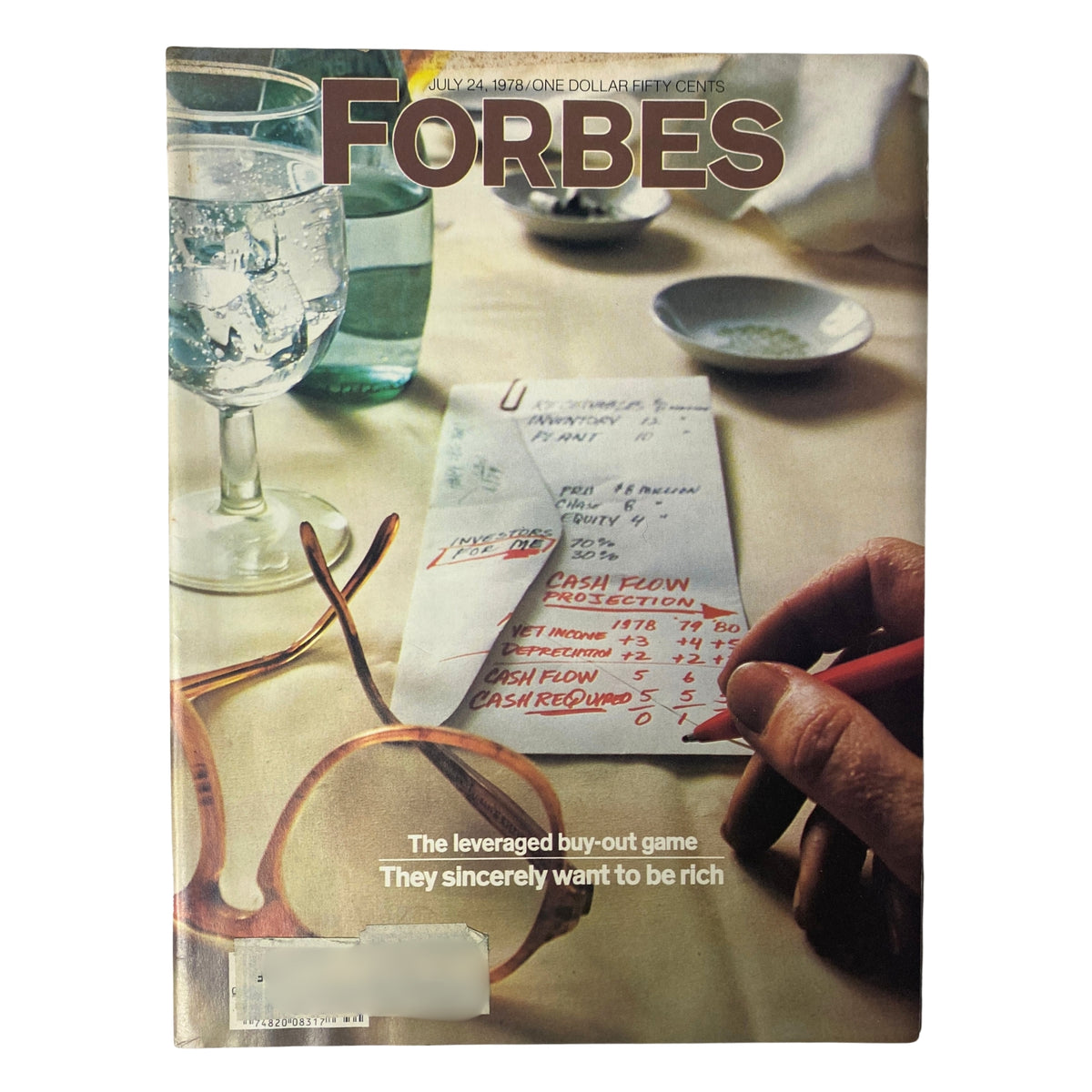 Cover of Forbes Magazine, July 24, 1978 featuring the title 'Leveraged Buyouts: You Could Get Rich' with a close-up of a hand writing financial notes. An iconic vintage magazine on corporate finance.