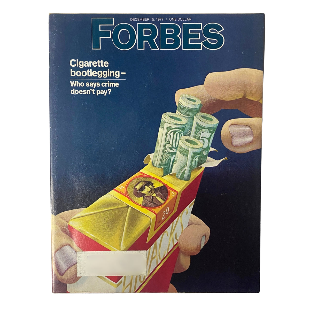 Forbes Magazine cover from December 15, 1977, featuring the title 'Cigarette Bootlegging - Who Says Crime Doesn't Pay?'. The cover illustrates a cigarette pack with cash, symbolizing the intersection of crime and commerce.