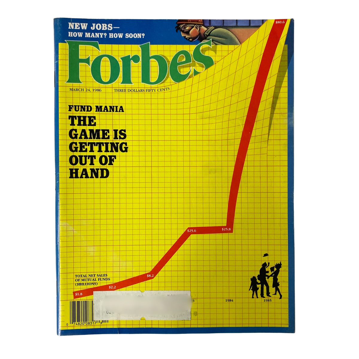 Forbes Magazine March 24, 1986 cover featuring the title 'Fund Mania: The Game Is Getting Out of Hand' with a graphic showing the rising total net sales of mutual funds.