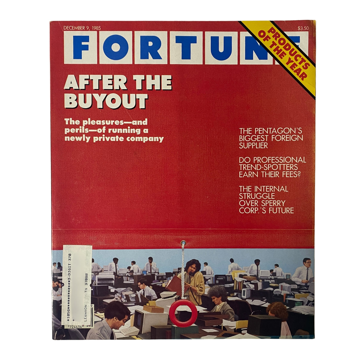 Fortune Magazine cover from December 9, 1985, featuring the title 'After the Buyout: The pleasures—and perils—of running a newly private company.' The bold red cover displays various headlines about economic insights, including articles related to corporate strategy and the Pentagon's largest foreign supplier.