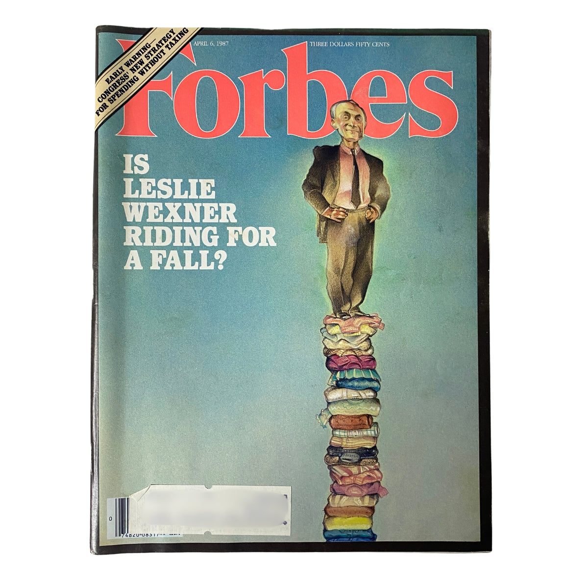 Cover of Forbes Magazine April 6, 1987 featuring the article 'Is Leslie Wexner Riding For A Fall?' with a standout illustration.