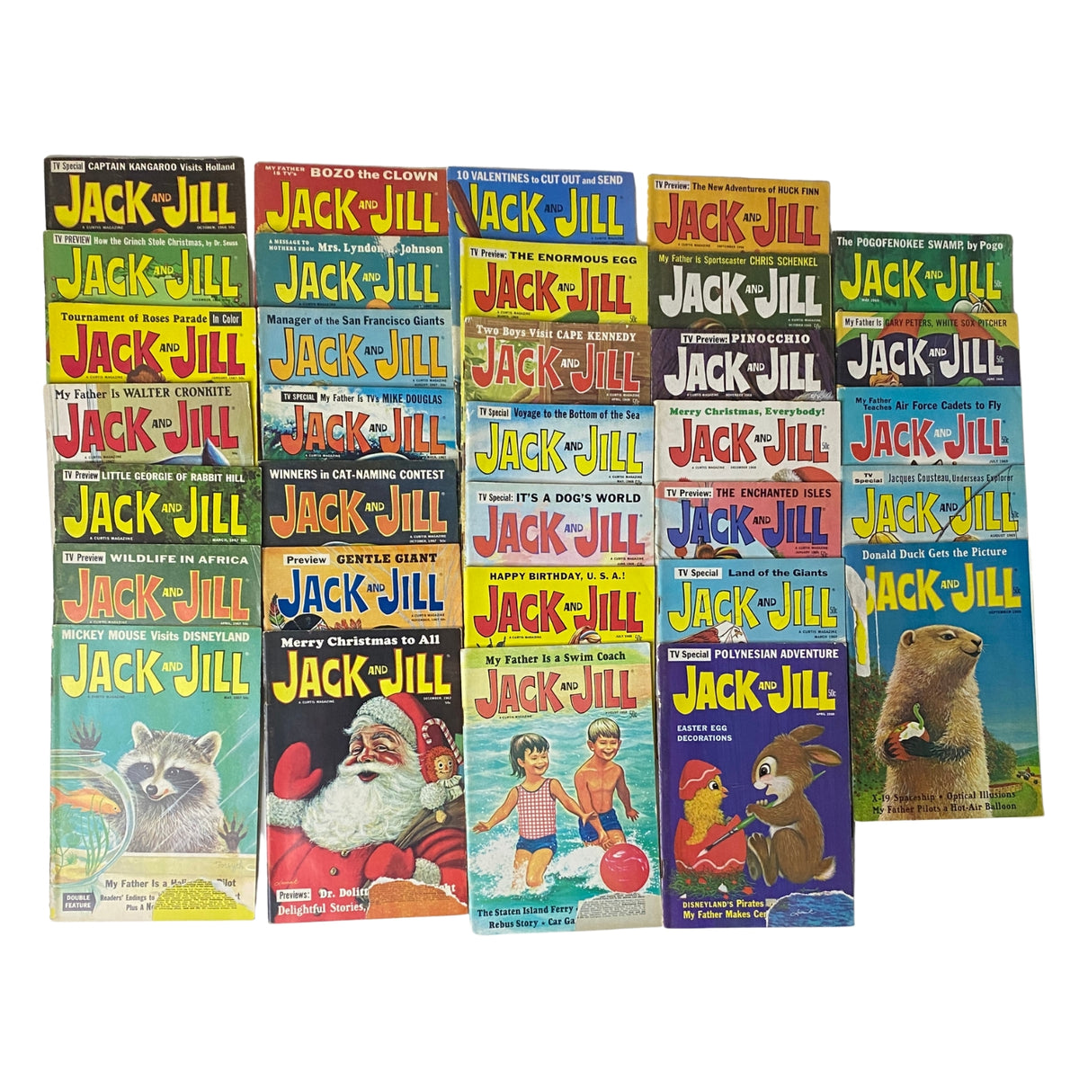 Lot of 33 Jack and Jill Story Magazine covers from 1966 to 1969 showcasing colorful illustrations and classic children's themes.