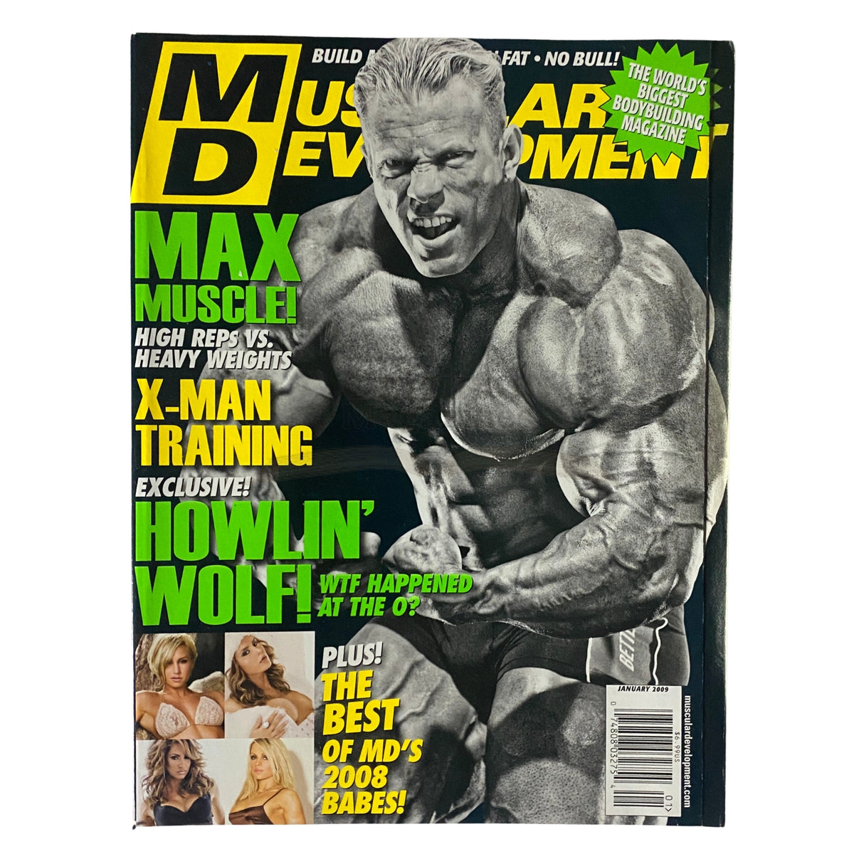 Cover of Muscular Development Magazine January 2009 featuring Dennis Wolf, showcasing a muscular pose and bold cover text about training and bodybuilding.