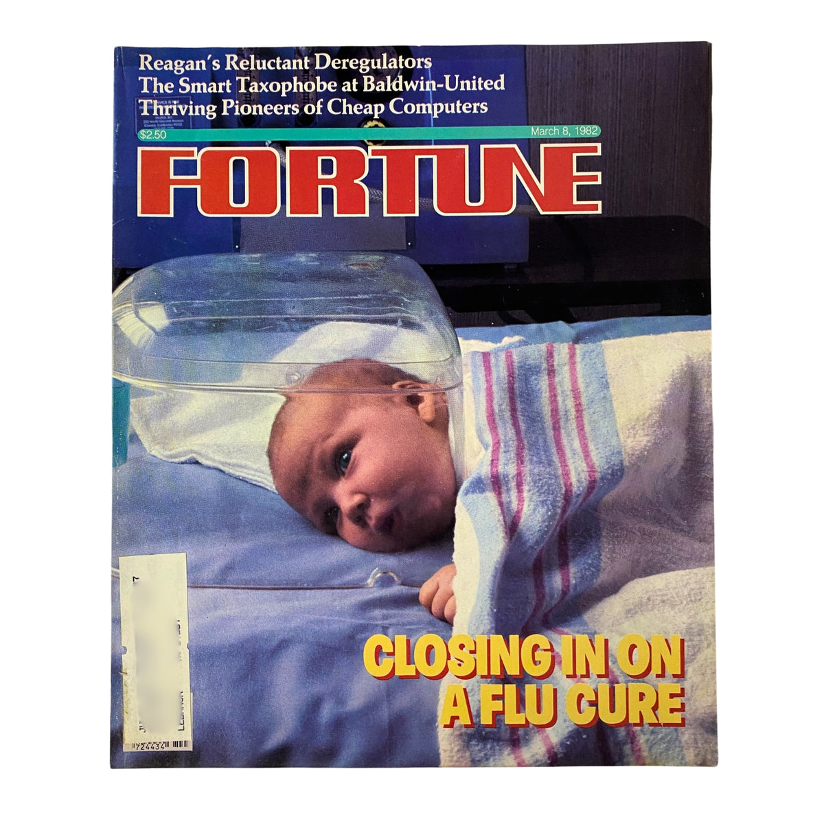 Cover of Fortune Magazine, March 8, 1982, featuring the headline 'Closing In On A Flu Cure', depicting a baby in a medical setting.