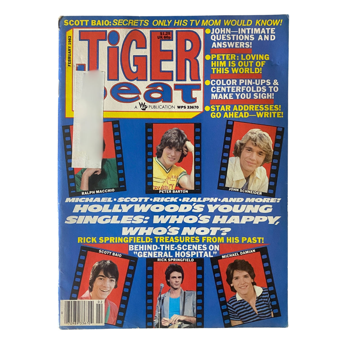 Tiger Beat Magazine February 1982 cover featuring Ralph Macchio and Peter Barton, showcasing celebrity interviews and pop culture highlights.