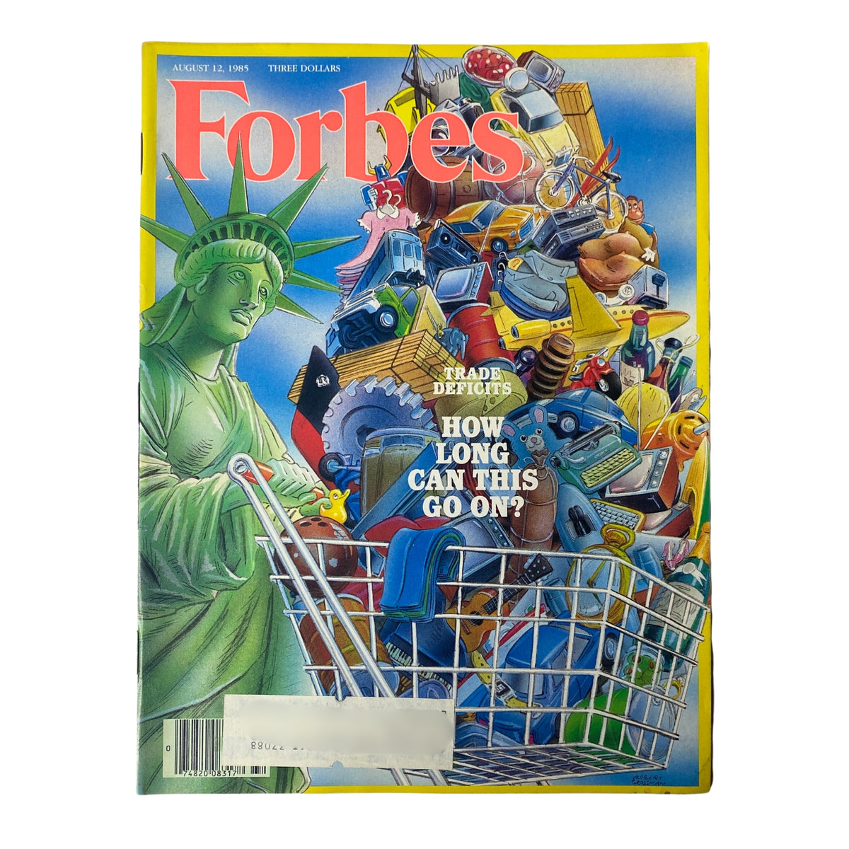 Cover of Forbes Magazine dated August 12, 1985, featuring a colorful illustration highlighting trade deficits and a shopping cart filled with various items. The title reads 'Trade Deficits: How Long Can This Go On?'.