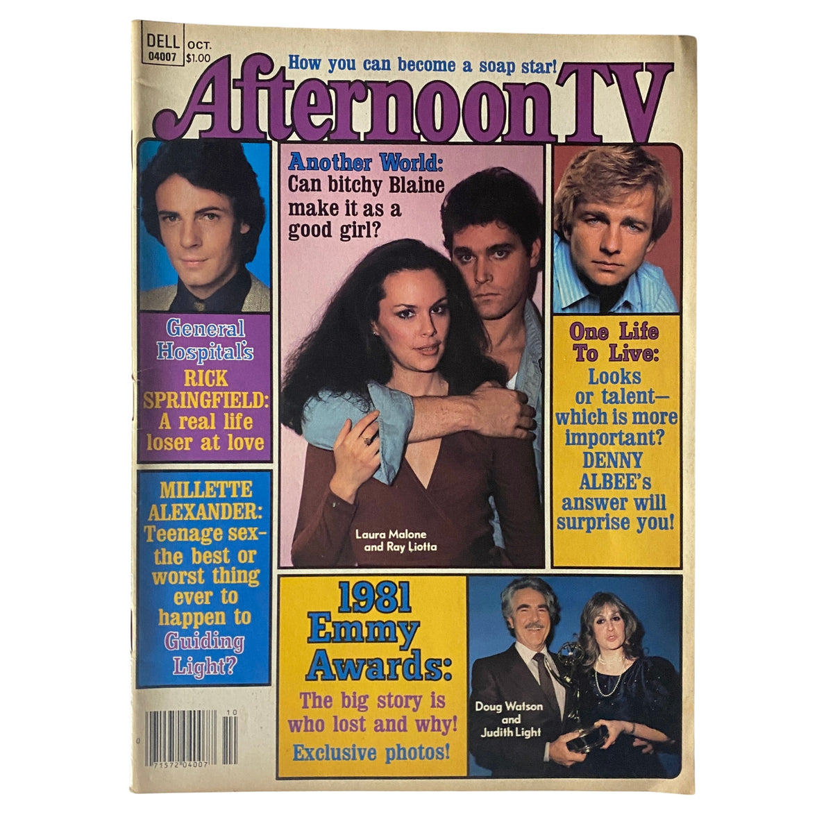 Cover of Afternoon TV Magazine October 1981 featuring Laura Malone and Ray Liotta, showcasing popular soap opera stars and highlights of daytime television.
