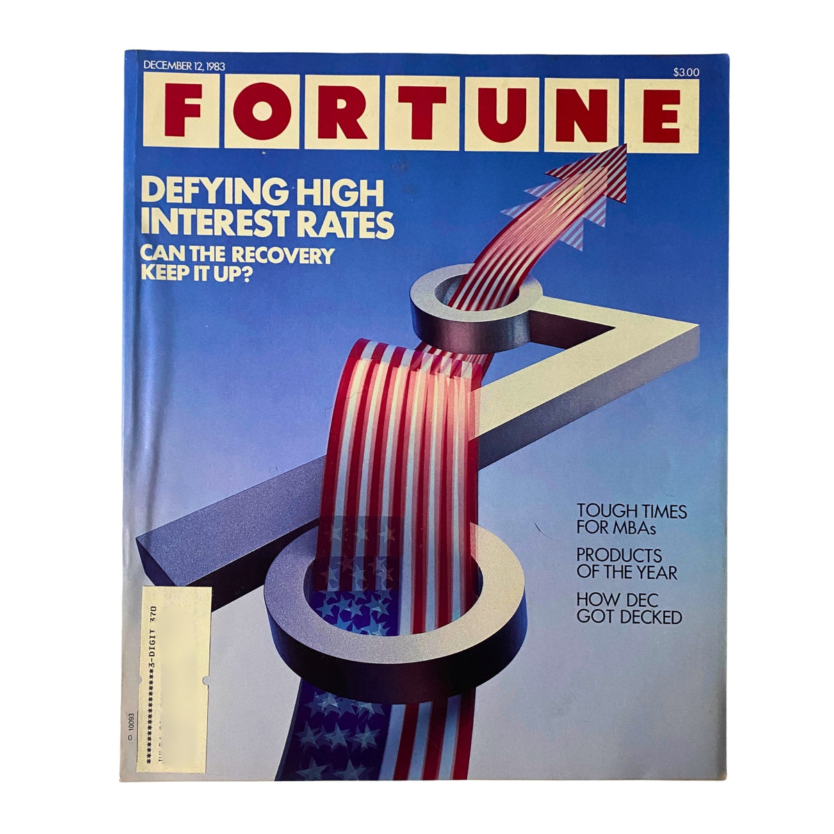 Fortune Magazine cover from December 12, 1983, featuring the headline 'Defying High Interest Rates' with visual elements symbolizing economic challenges and recovery.