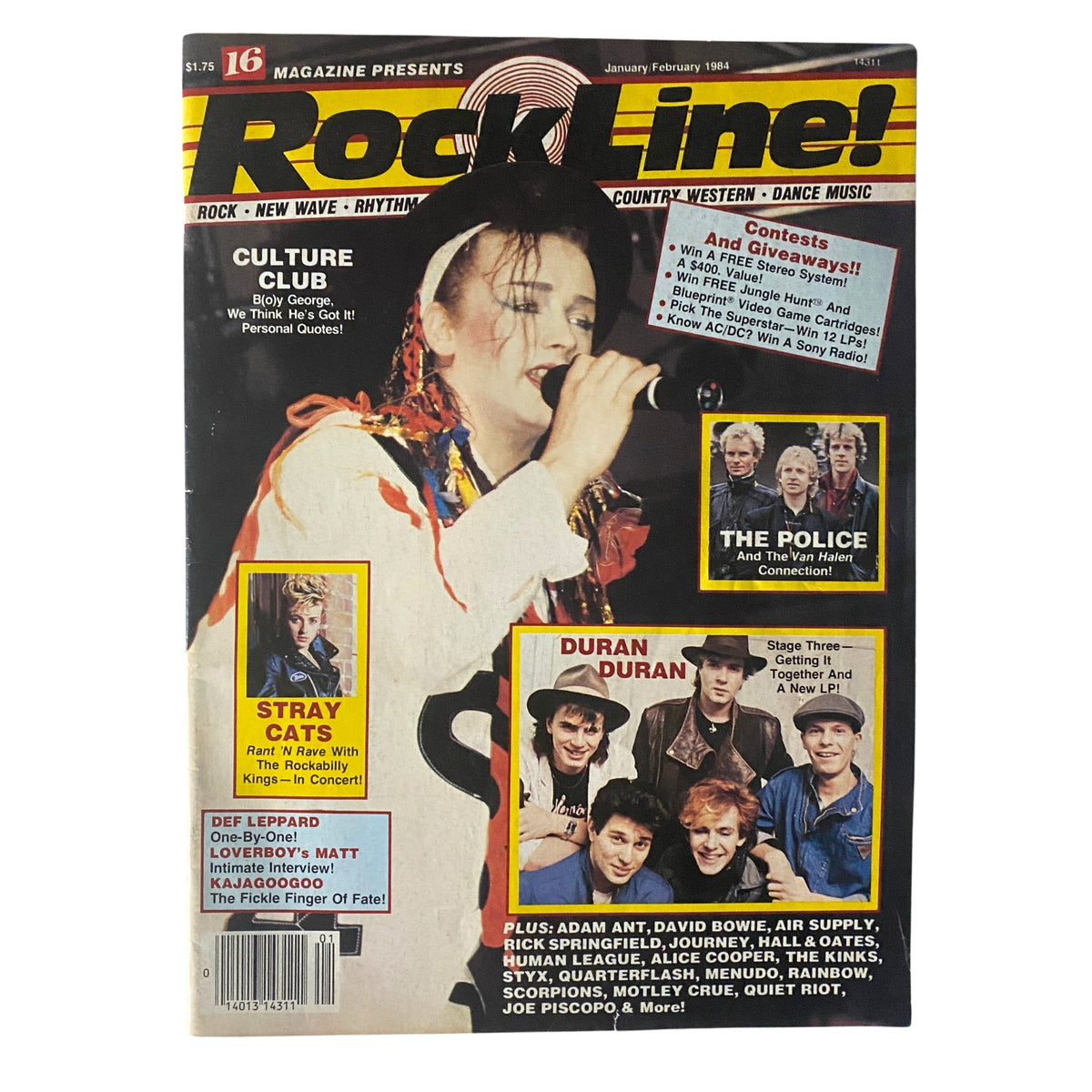 Cover of '16 Magazine Presents Rock Line' from January 1984 featuring Boy George, Duran Duran, and other prominent artists from the 1980s music scene.