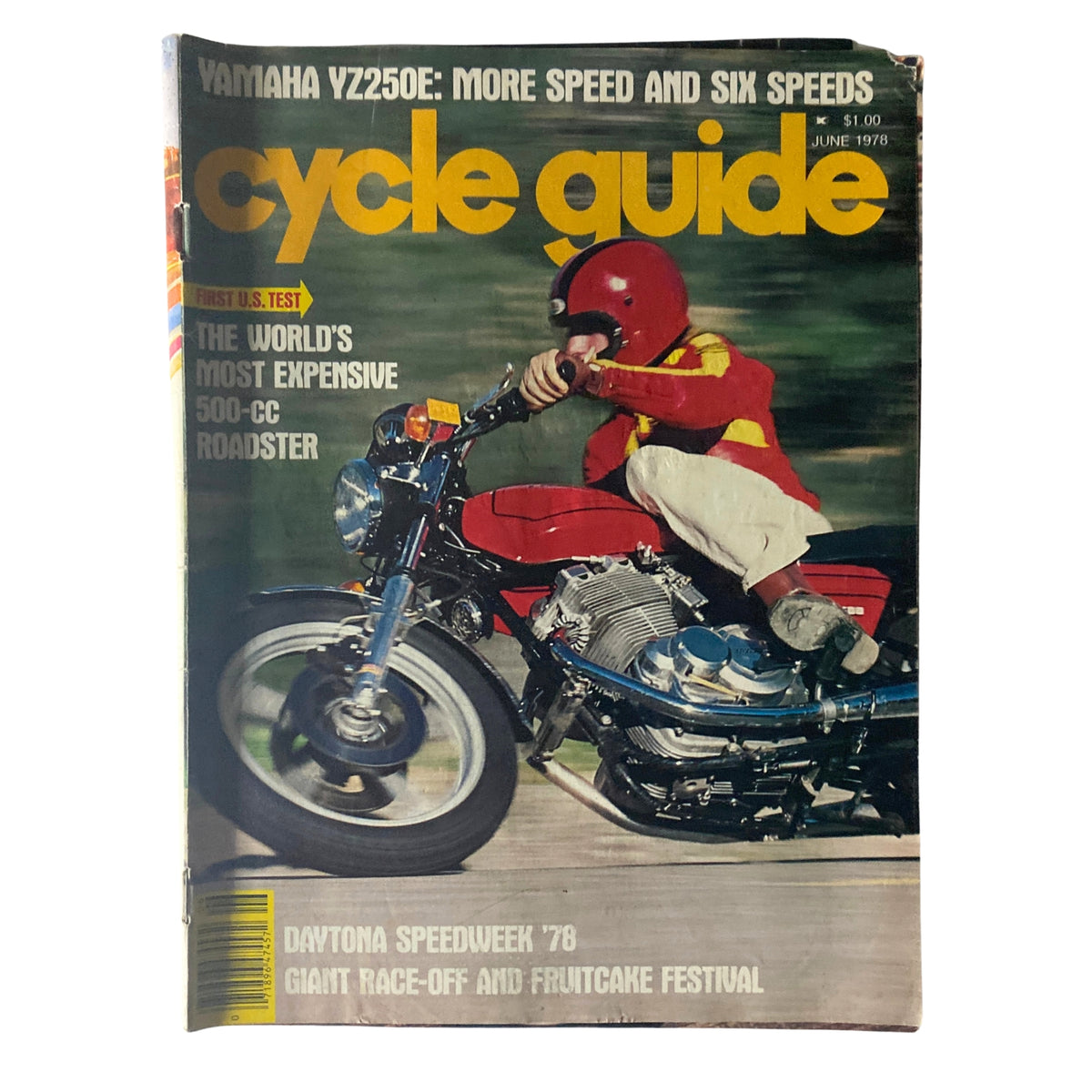 Cover of Cycle Guide Magazine June 1978 featuring 'The World's Most Expensive 500-cc Roadster' with a rider on a motorcycle.
