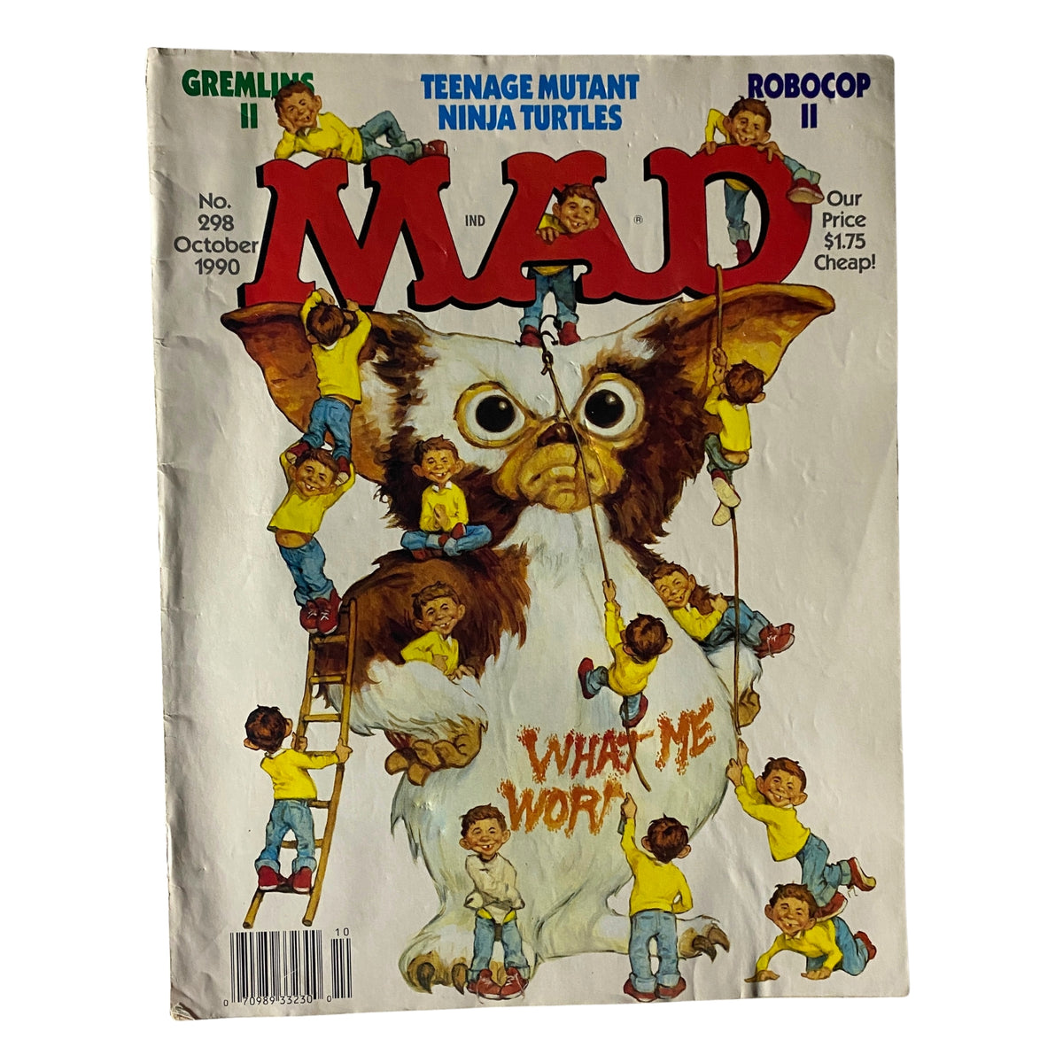 Mad Magazine October 1990 No. 298 featuring Gremlins II, Teenage Mutant Ninja Turtles, and Robocop II; highlighted with humorous illustrations and iconic characters.