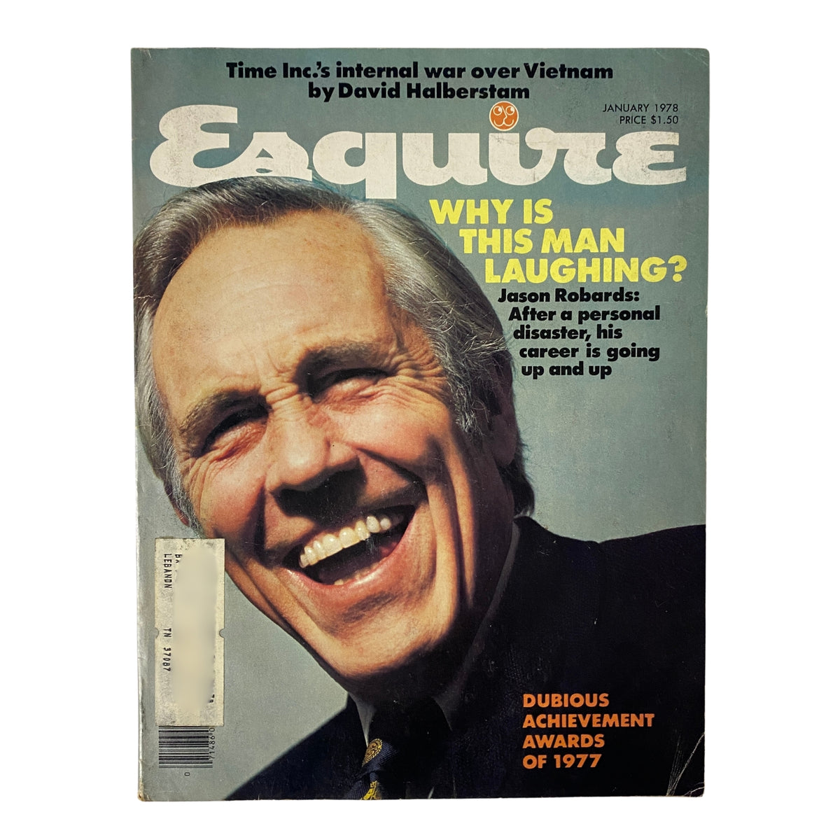 Cover of Esquire Magazine January 1978 featuring the title 'The Resurrection of Jason Robards', highlighting a smiling man with the caption 'Why is this man laughing?', showcasing cultural insights and media trends from the late 1970s.