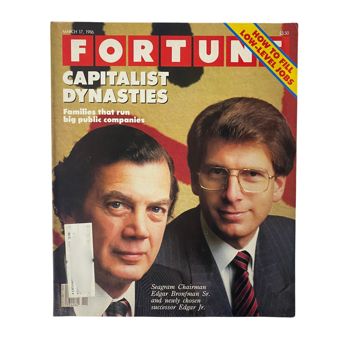 Fortune Magazine cover featuring Edgar Bronfman Sr. and Edgar Bronfman Jr., March 17, 1986, titled 'Capitalist Dynasties: Families that run big public companies.'