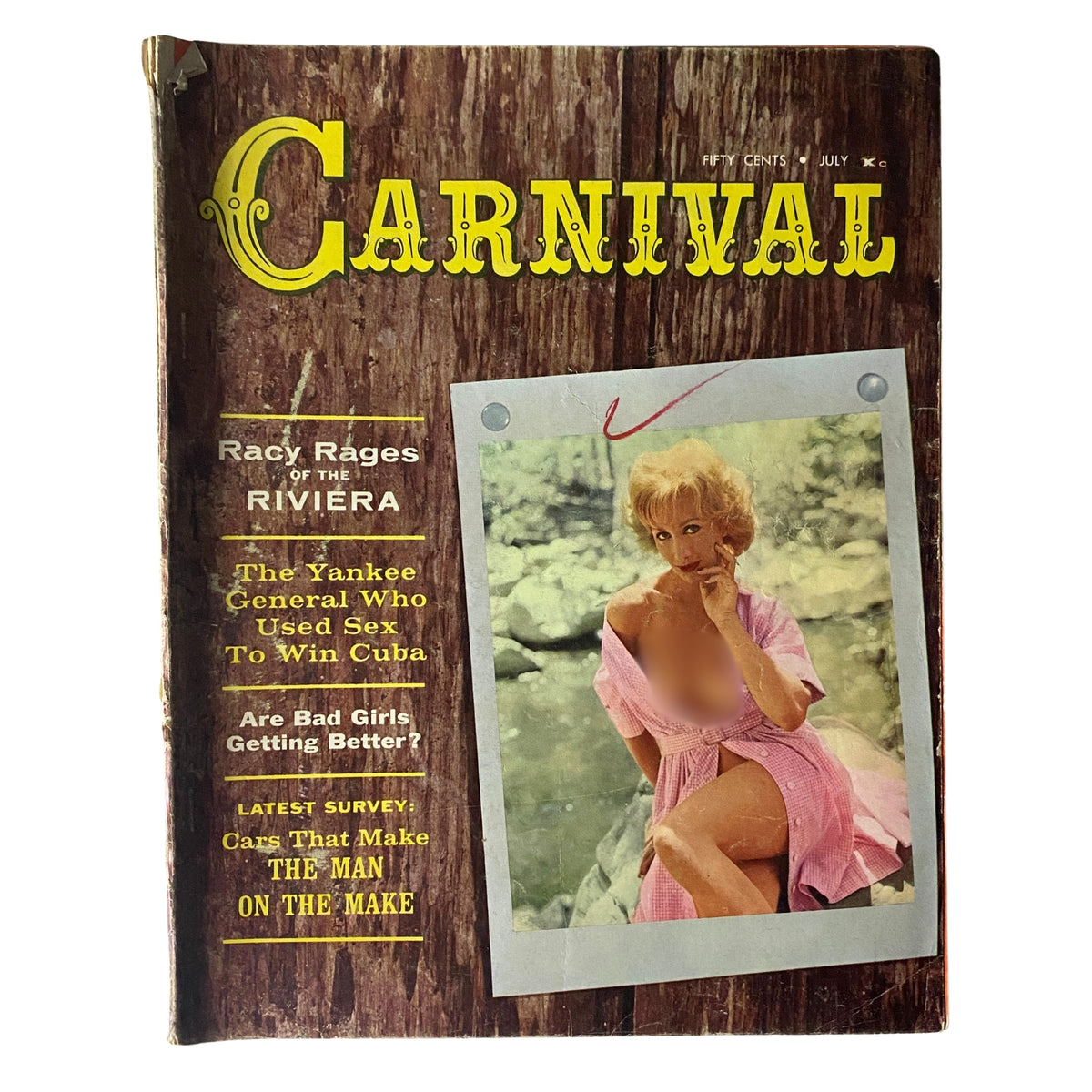 Cover of Carnival Magazine July 1963 Vol 11 No. 1 showcasing a vintage design featuring bold title, a stunning model in a pink dress, and articles about 'Racy Rages of the Riviera' and women's societal roles.