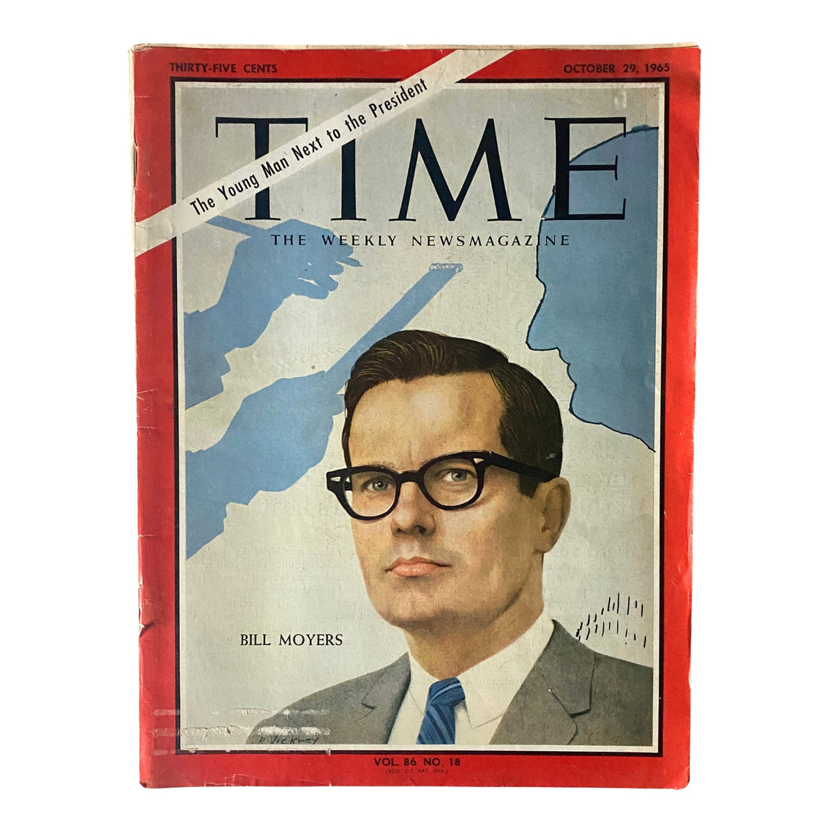 Time Magazine cover from October 29, 1965, Vol 86 No. 18 featuring Bill Moyers, the young man next to the President, showcasing a political commentary theme.