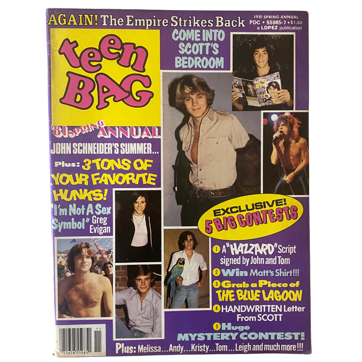 Teen Bag Magazine 1981 Spring Annual showcasing John Schneider and Scott Baio on the cover, featuring colorful graphics and details about celebrity contests.