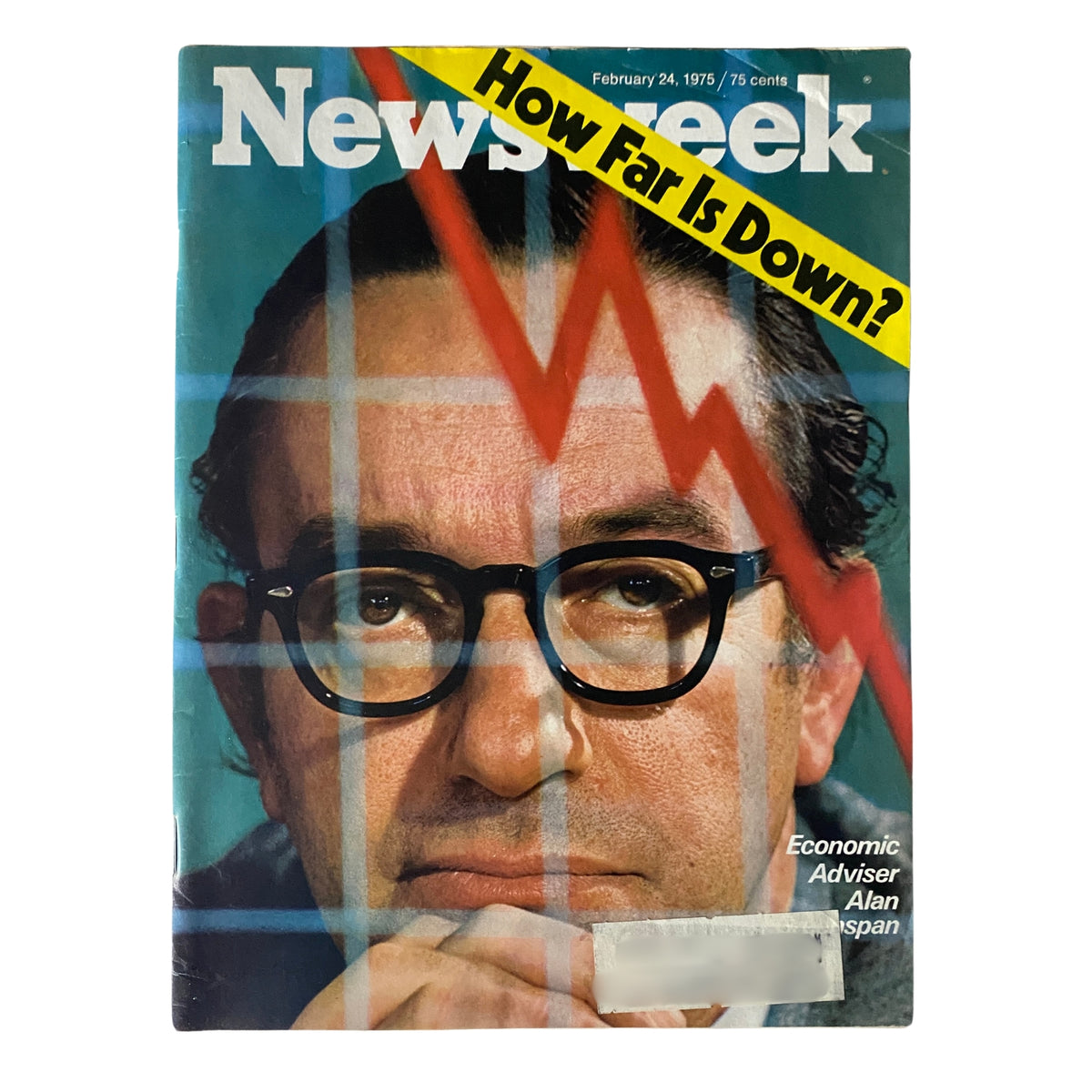Cover of Newsweek Magazine dated February 24, 1975, featuring Economic Adviser Alan Greenspan with the headline 'How Far Is Down?' and a graphic representation of a declining economic trend.