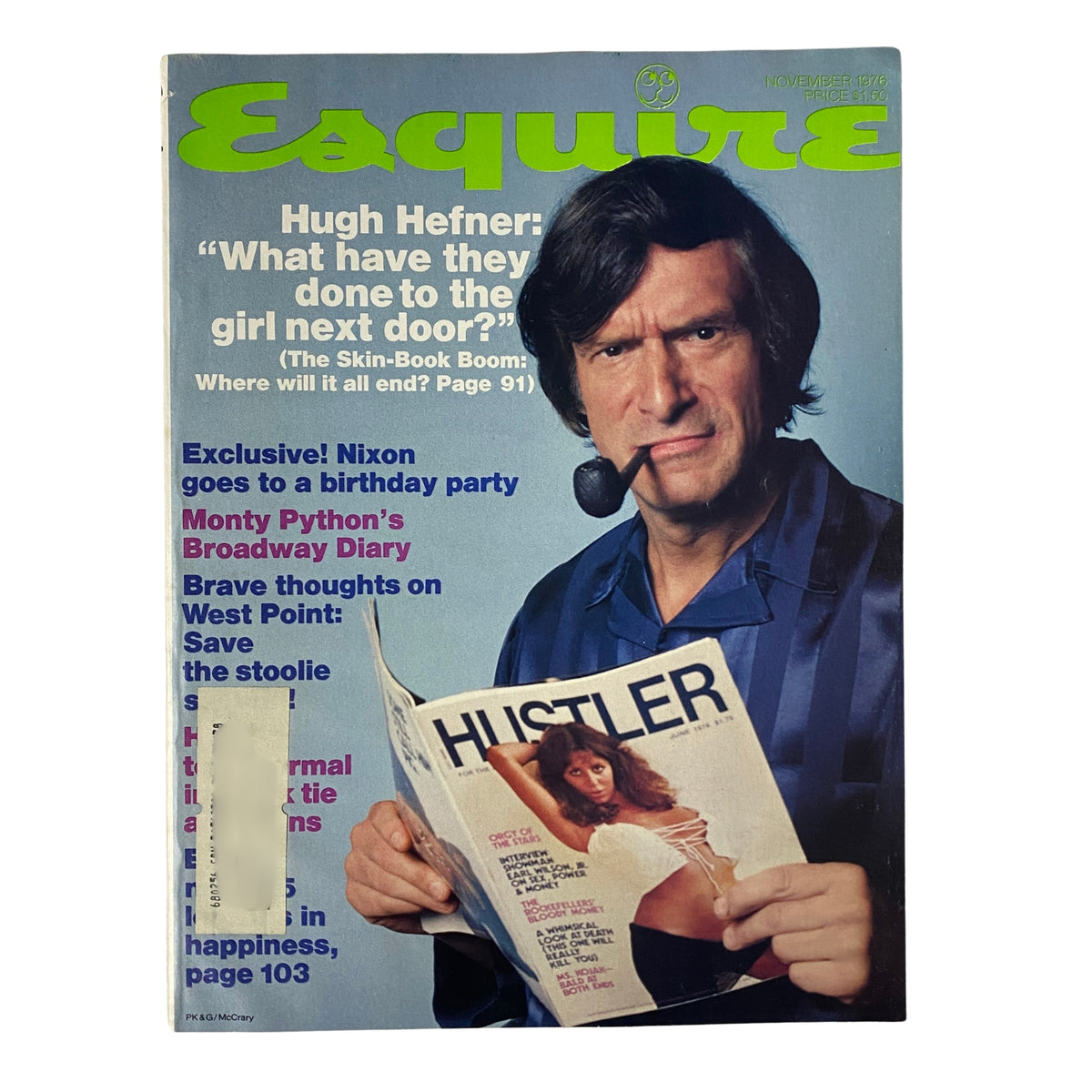 Cover of Esquire Magazine November 1976 featuring Hugh Hefner, with a prominent article title questioning societal norms, and additional highlights about Nixon and Monty Python.