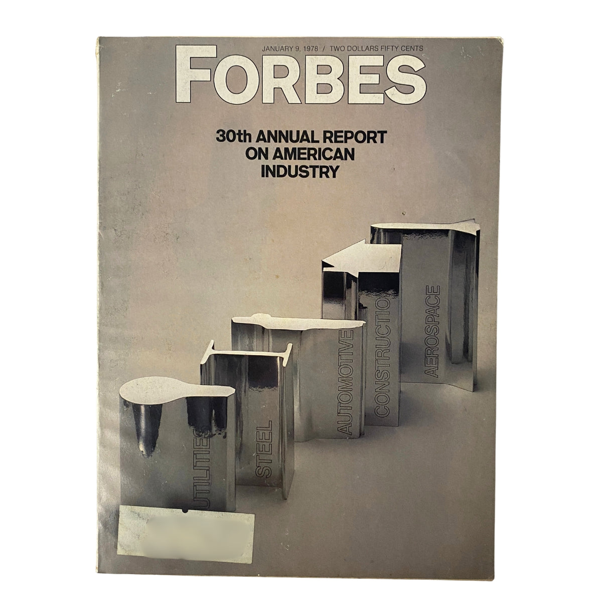 Cover of Forbes Magazine January 9, 1978, featuring the 30th Annual Report on American Industry with metallic structures labeled 'Utilities', 'Steel', 'Automotive', 'Construction', and 'Aerospace'.