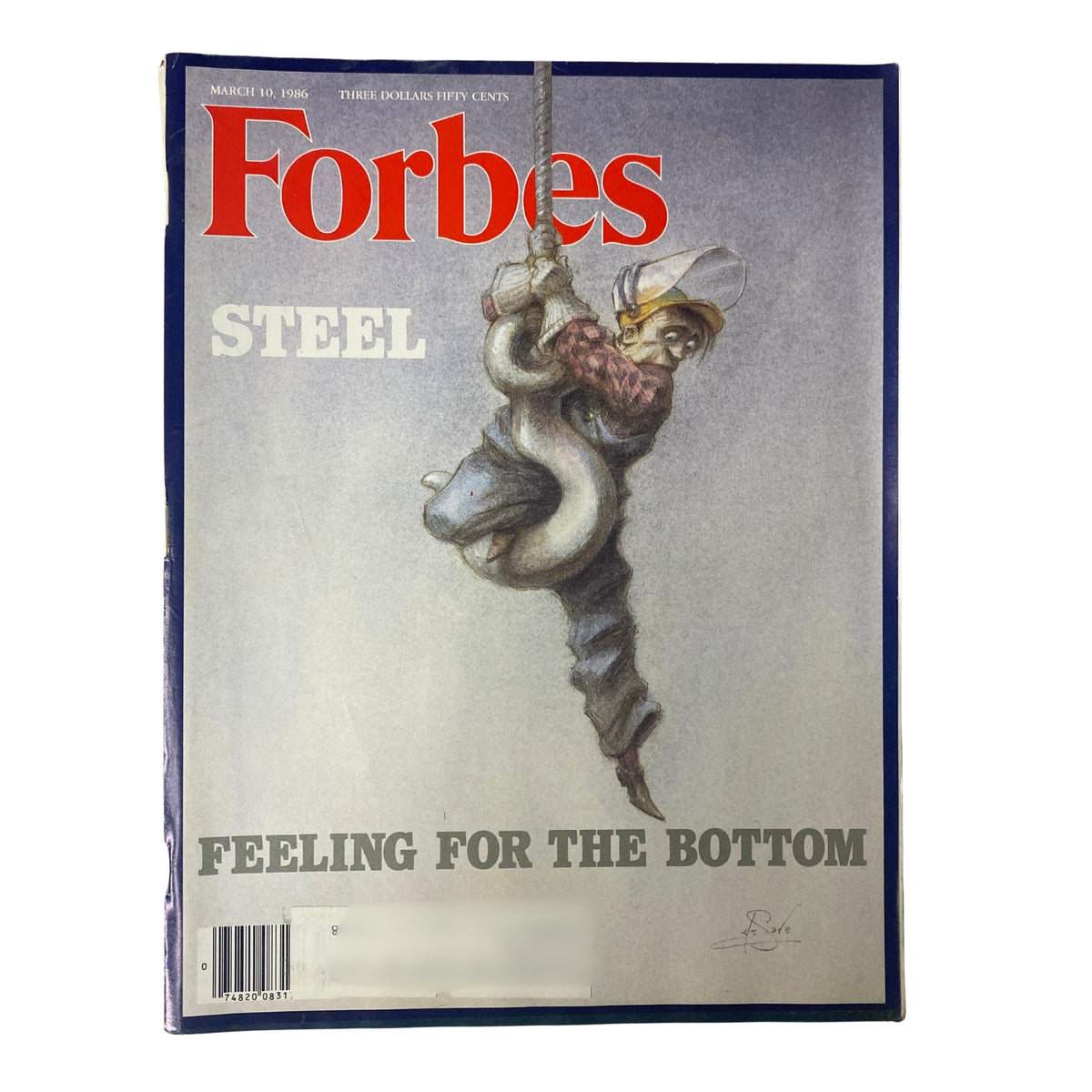 Cover of Forbes Magazine March 10, 1986 featuring the cover story 'Steel Will Come Back', illustrating a worker with a snake, symbolizing the resilience of the steel industry.