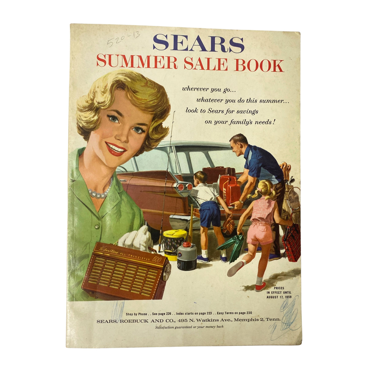 Cover of the 1959 Sears Summer Sale Book Catalog featuring a woman and a family preparing for summer activities beside a classic car.