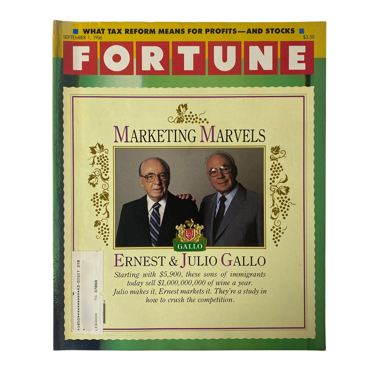 Fortune Magazine cover from September 1, 1986 featuring Ernest and Julio Gallo, titled 'Marketing Marvels', highlighting their success in the wine industry.