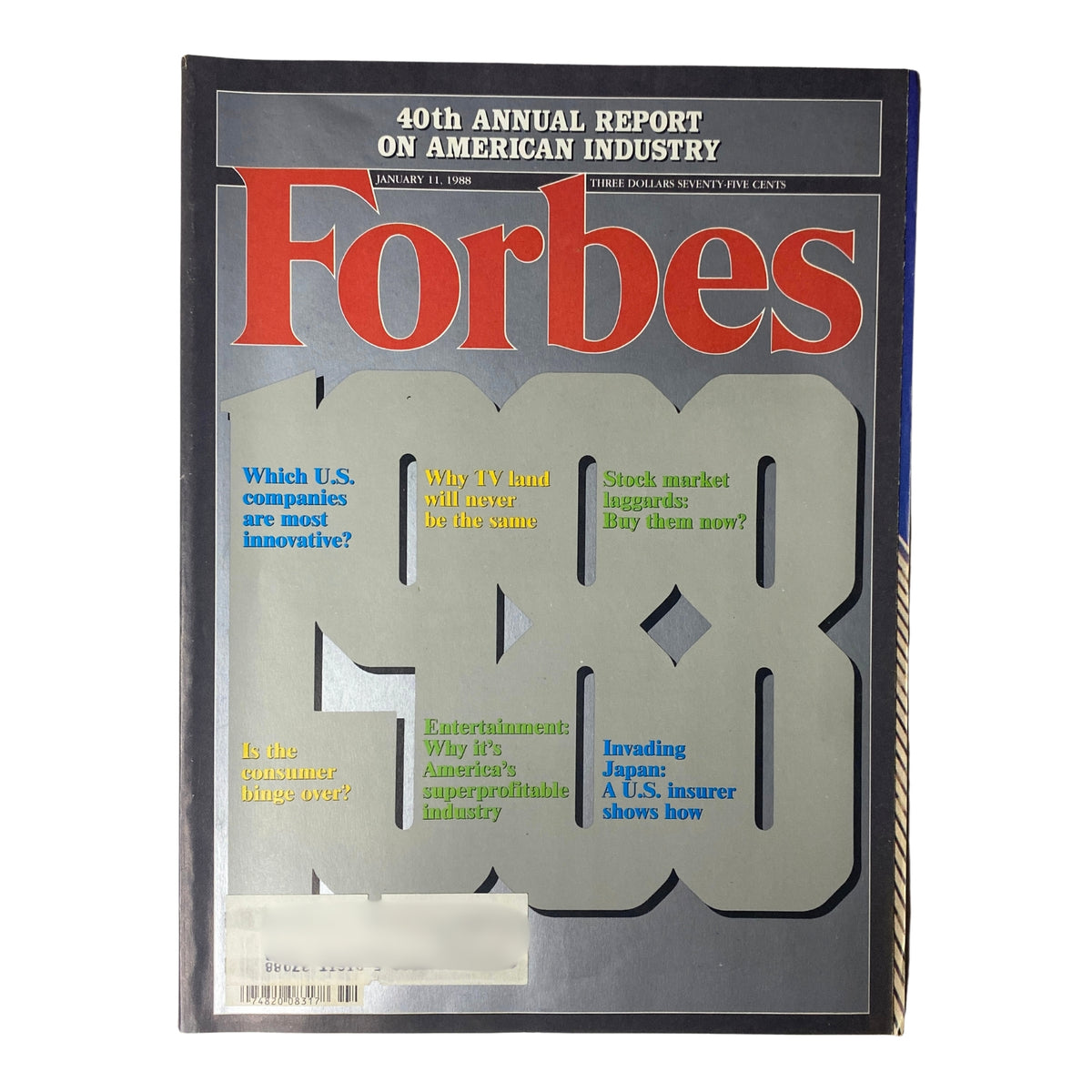 Cover of Forbes Magazine dated January 11, 1988 featuring the title '40th Annual Report on American Industry', highlighting questions about innovation and stock market performance.