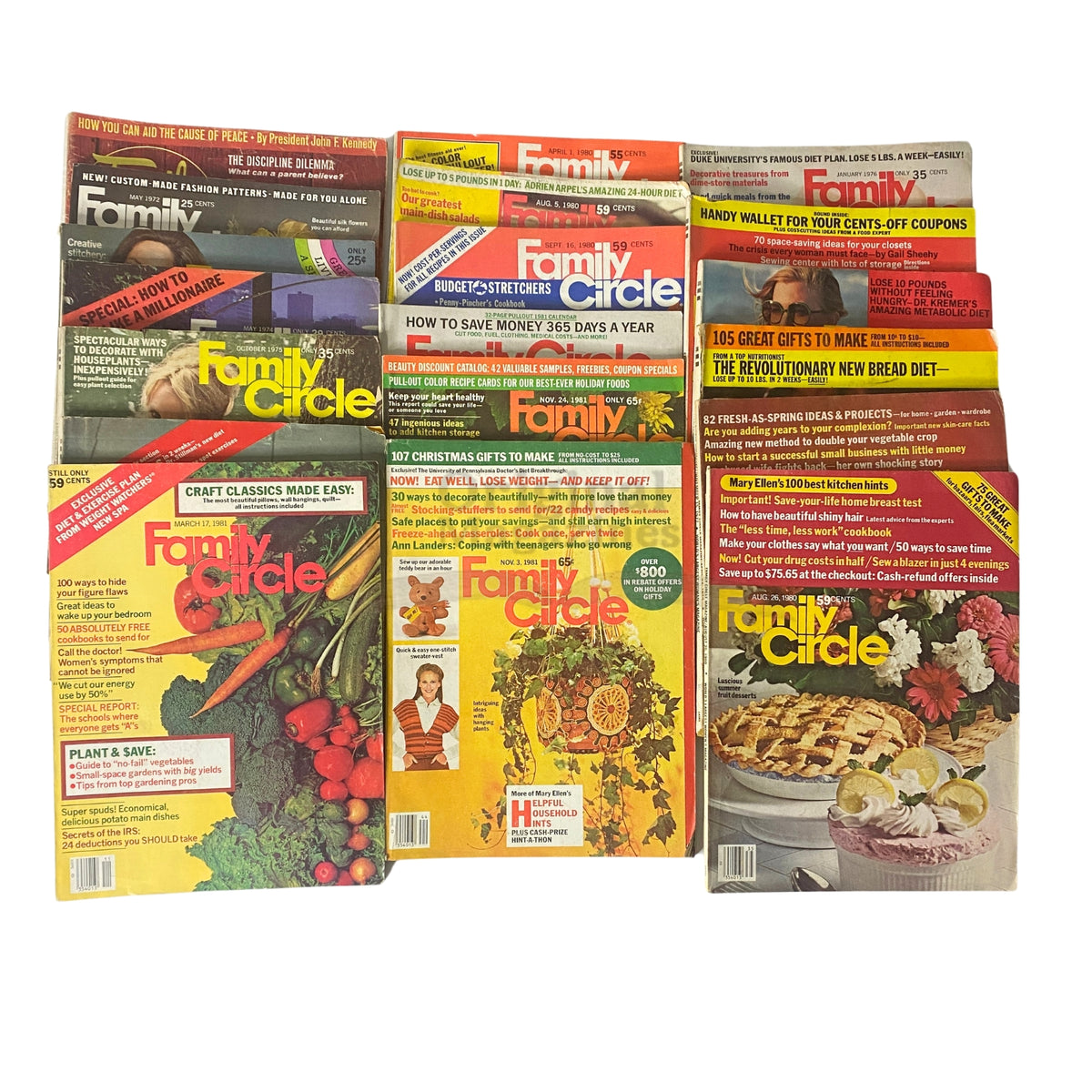 Lot of 19 Family Circle Magazine issues showcasing vintage covers from 1963, 1972, 1974-1977, and 1979-1981, featuring nostalgic articles and recipes.