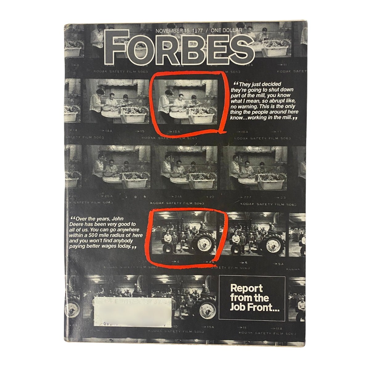 Cover of Forbes Magazine November 15, 1977 featuring the title 'Foreign Trade: Who's Helped? Who's Hurt?' with notable images marked in red, discussing the impact of foreign trade policies.