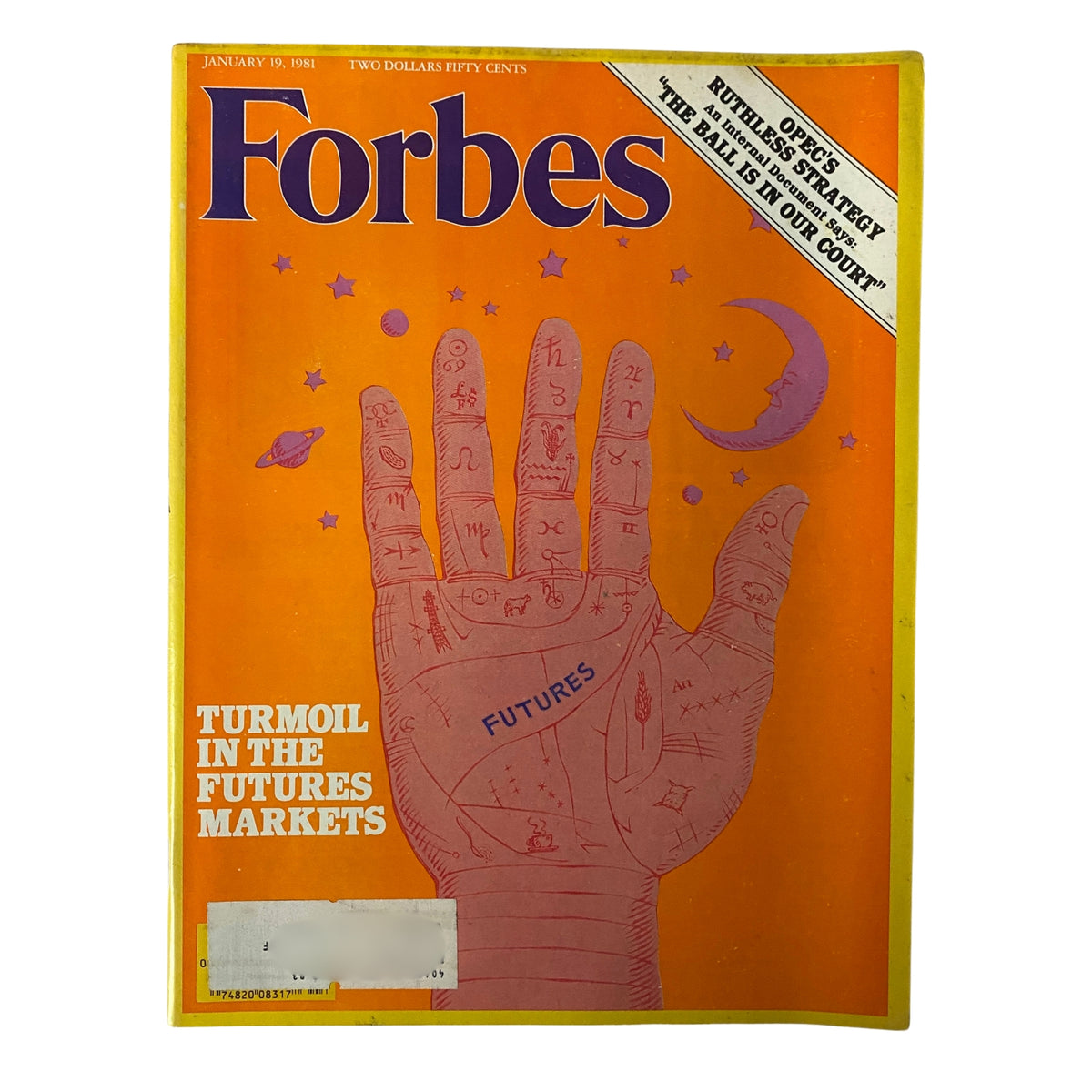 Forbes Magazine January 19, 1981 cover featuring a striking illustration with a palm showing astrological symbols and the words 'Turmoil in the Futures Markets', highlighting the issue's focus on financial market challenges.