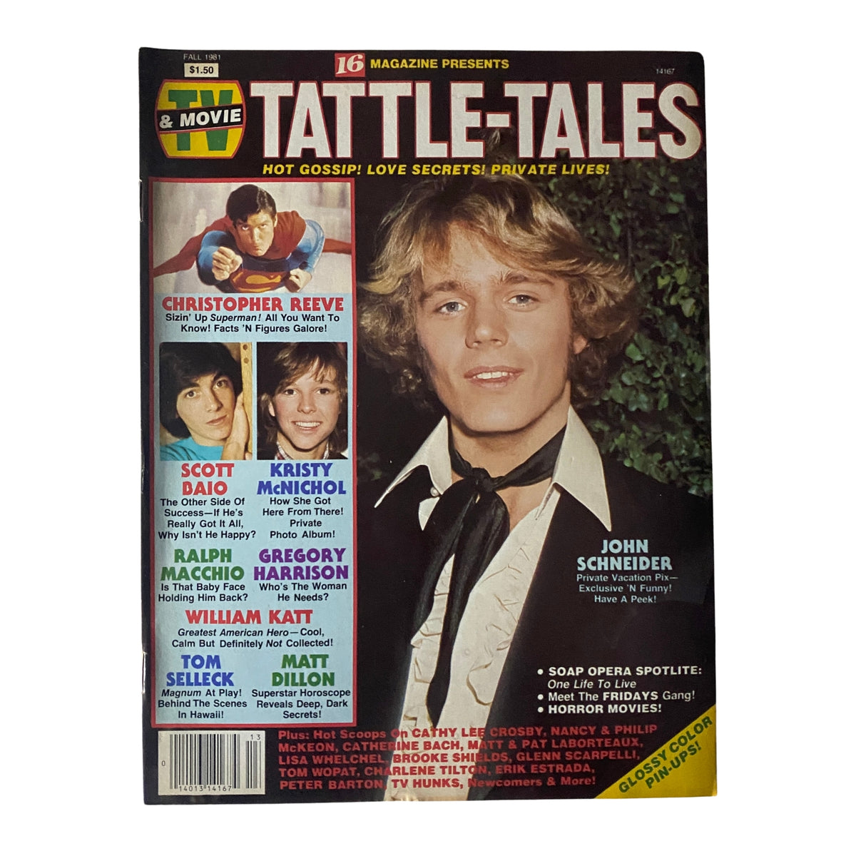 16 Magazine TV & Movie Tattle-Tales Fall 1981 cover featuring John Schneider and Scott Baio, showcasing entertainment icons and pop culture of the 1980s.