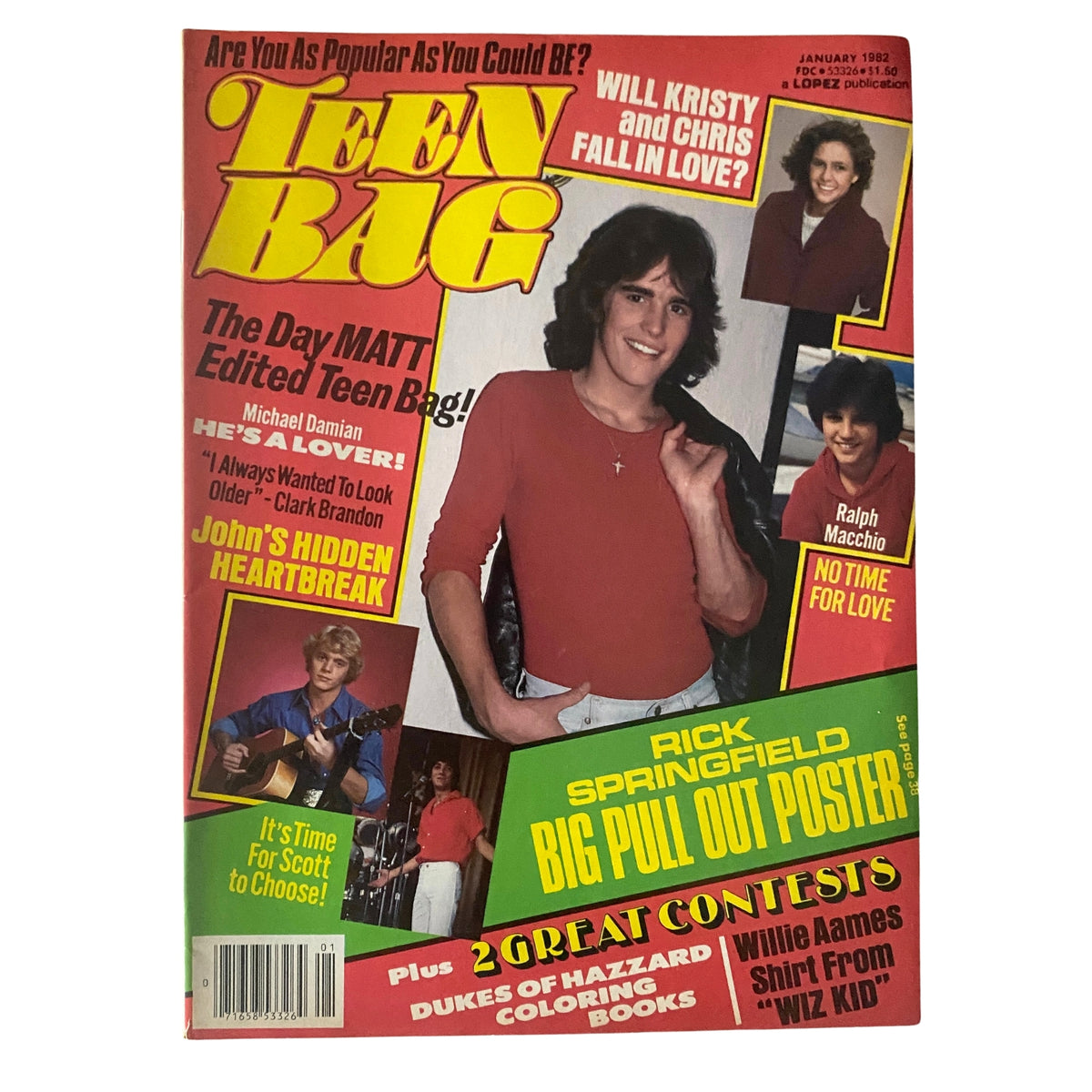 Teen Bag Magazine January 1982 cover featuring Matt Dillon and Kristy McNichol, highlighting content like celebrity stories, contests, pin-ups, and features on Michael Damian and Rick Springfield.