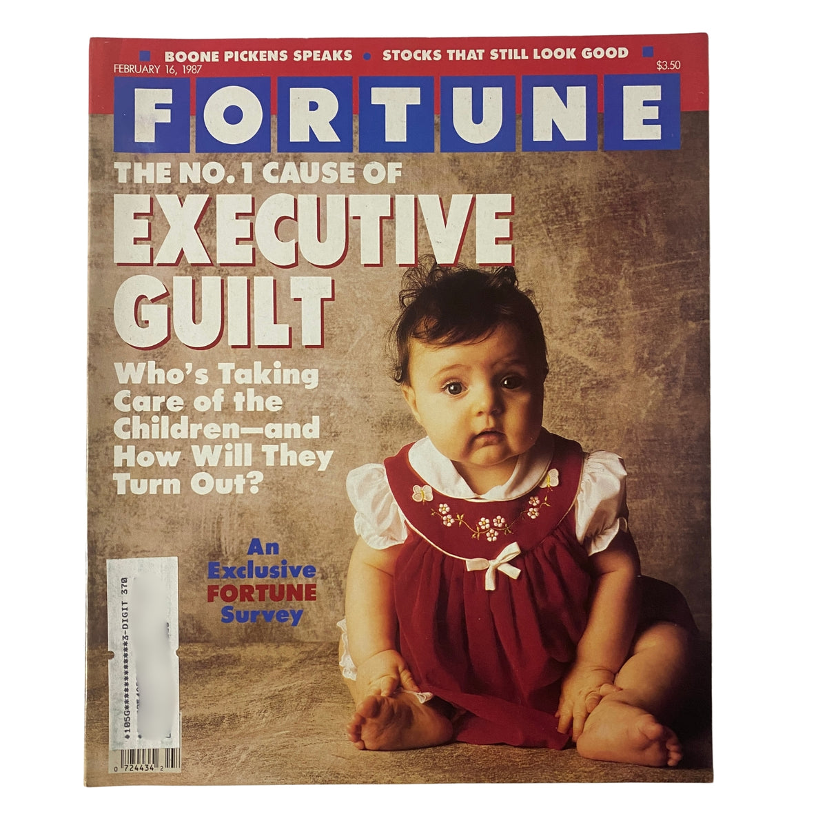 Cover of Fortune Magazine from February 16, 1987, featuring the title 'The No. 1 Cause of Executive Guilt' with a poignant image of a baby, highlighting issues of work-life balance and parenting for executives.