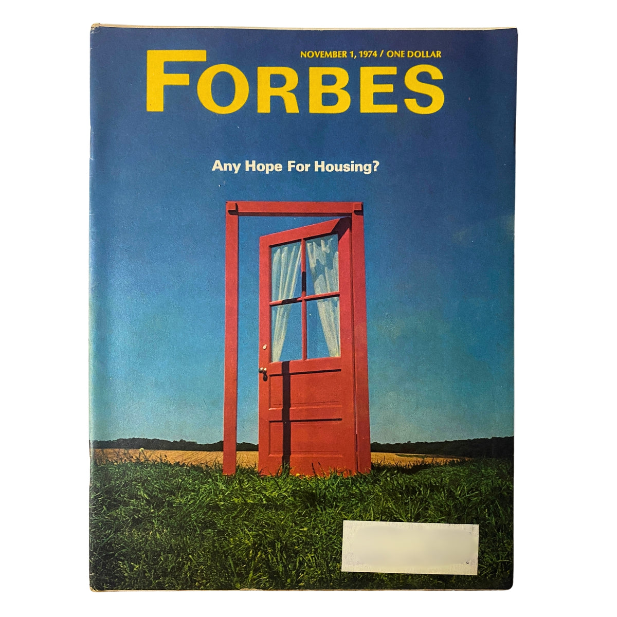 Cover of Forbes Magazine dated November 1, 1974, featuring a red door in a field with the text 'Any Hope For Housing?' and the title 'Forbes'.