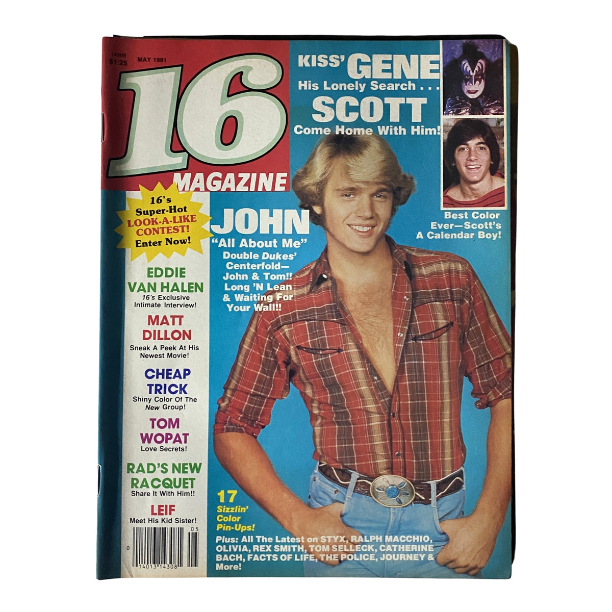 Cover of 16 Magazine May 1981 featuring John Schneider, Scott Baio, and Gene Simmons. Includes colorful promotional graphics and references to exclusive interviews and centerfolds.