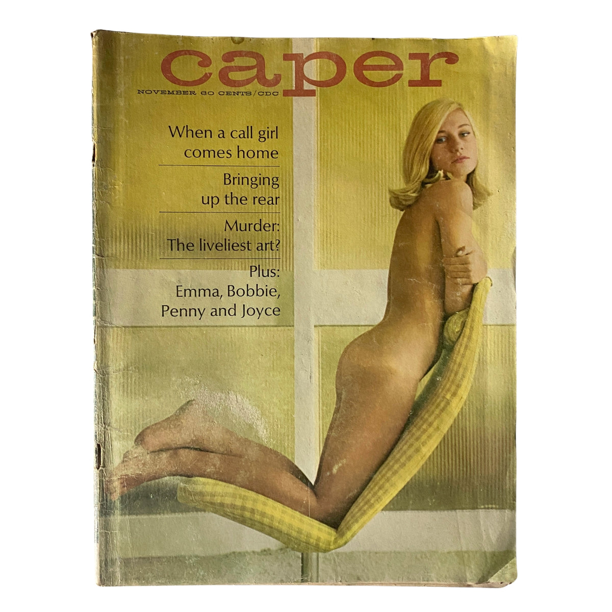 Cover of Caper Magazine November 1965, Volume 11, No. 6 featuring a nude model with headlines about call girls, murder, and articles on Emma, Bobbie, Penny, and Joyce.