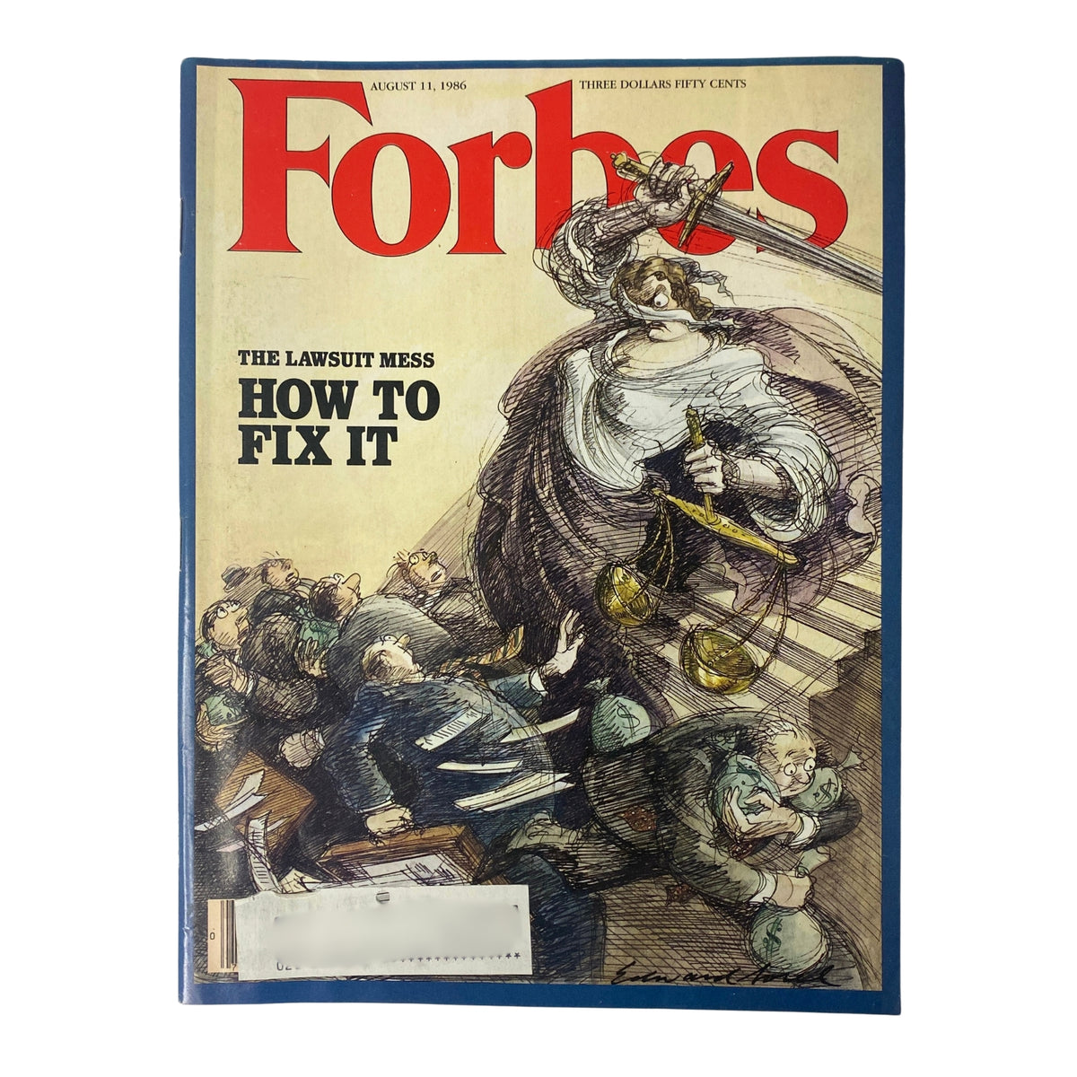 Forbes Magazine cover dated August 11, 1986 featuring the title 'The Lawsuit Mess: How to Fix It' with a dramatic illustration reflecting the complexities of the legal system and tort reform.