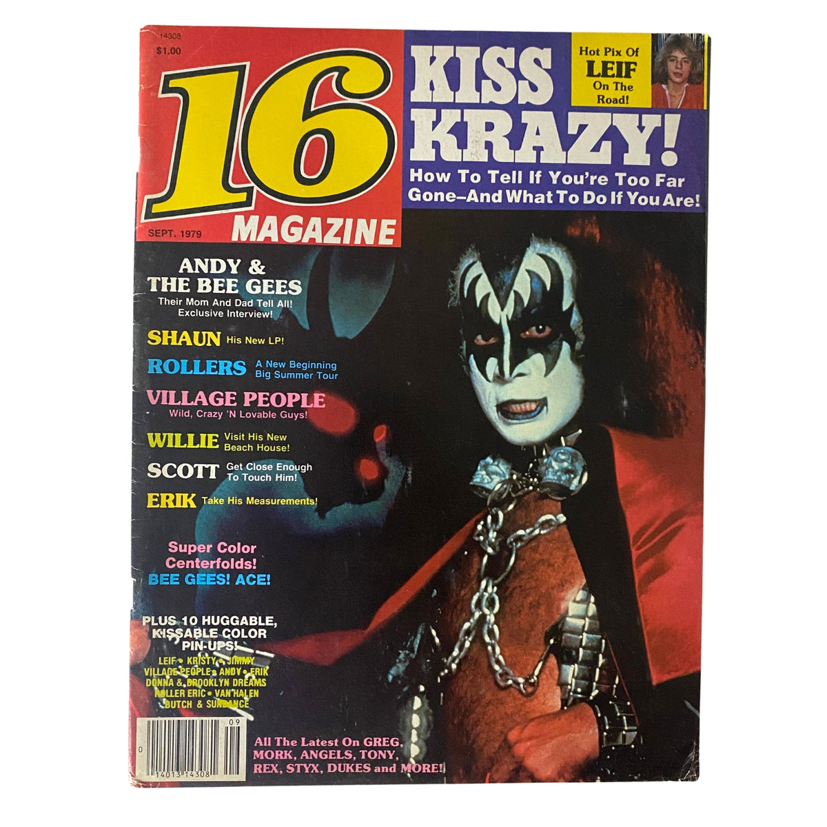 Cover of the 16 Magazine September 1979 featuring Gene Simmons in KISS makeup, with highlights about Leif Garrett and various pop culture icons from the 70s.