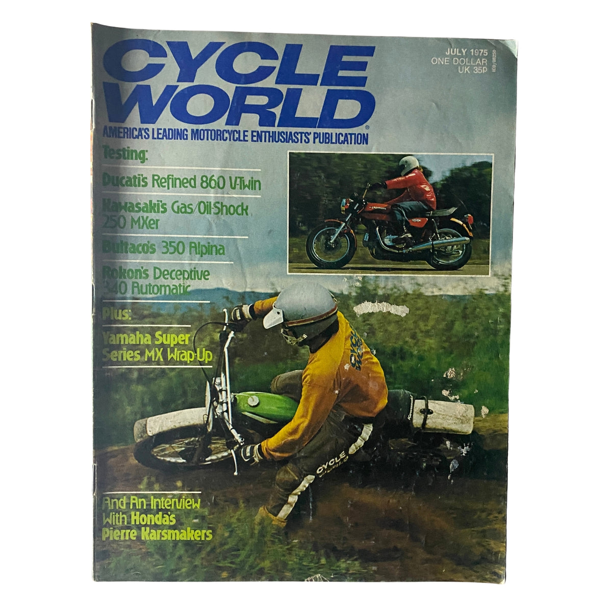 Cover of Cycle World Magazine July 1975, featuring Kawasaki’s KX250A, showcasing motocross culture and motorcycle tests.