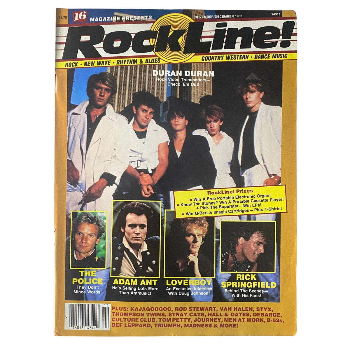 Cover of Rock Line Magazine from November 1983 featuring Duran Duran, Adam Ant, and other artists in vibrant colors.