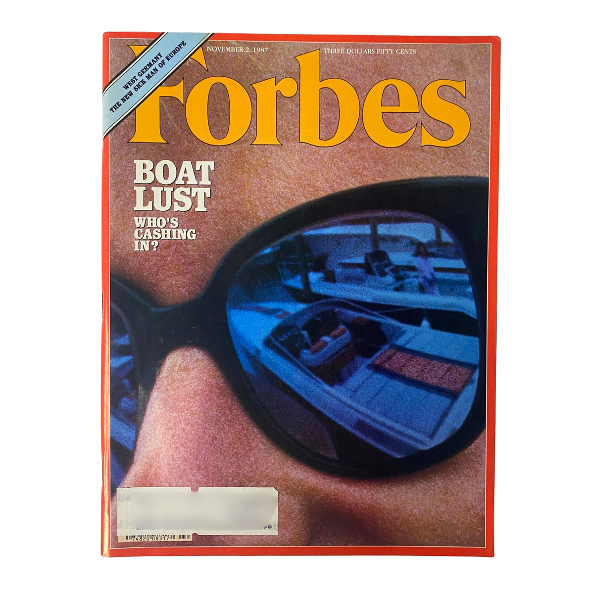 Forbes Magazine cover from November 2, 1987, featuring the title 'Boat Lust: Who's Cashing In?' with an image reflected in sunglasses, showcasing boats.