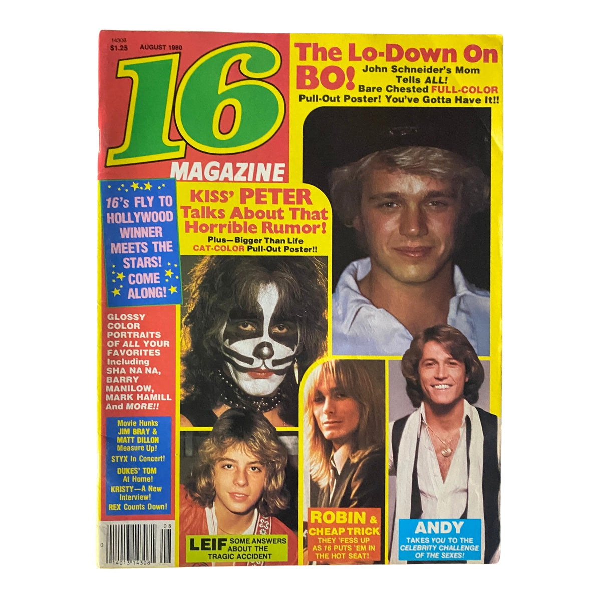 Cover of 16 Magazine August 1980 featuring Peter Criss, Leif Garrett, and Andy Gibb. The magazine highlights celebrity features and pop culture of the 1980s.