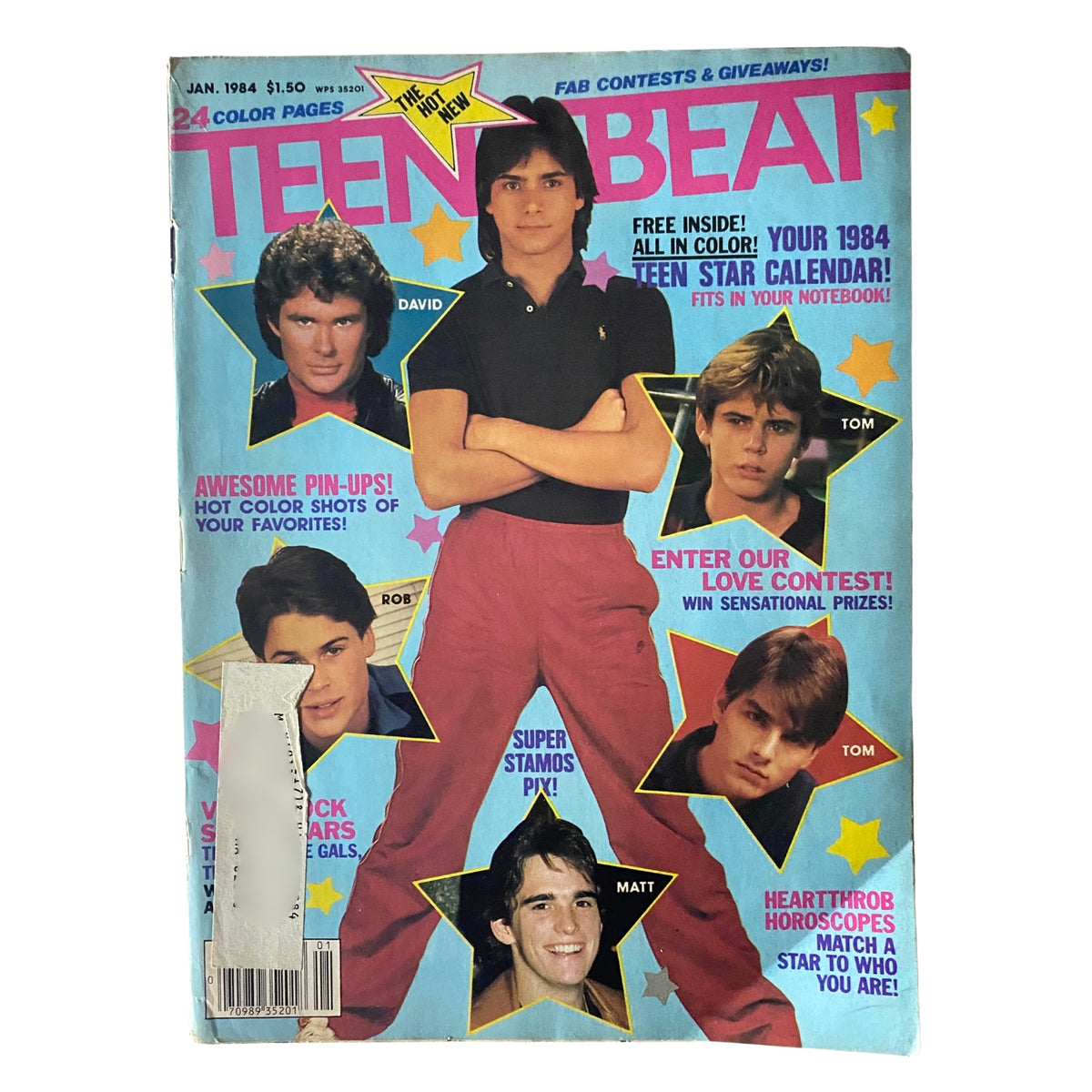Teen Beat Magazine January 1984 featuring John Stamos, David Hasselhoff on the cover with colorful starburst design and pin-up photos. Vintage collectible for 1980s pop culture enthusiasts.