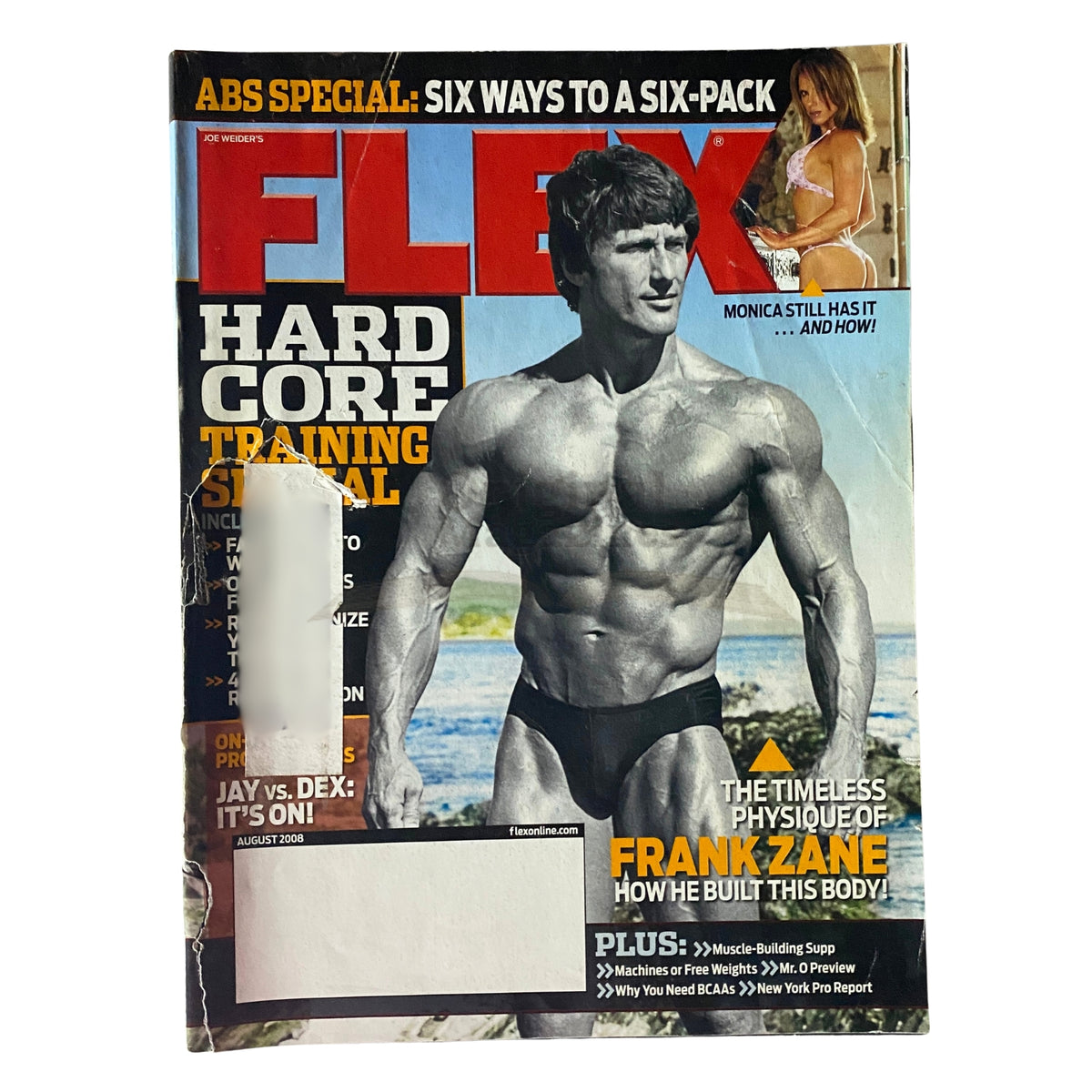 Cover of Flex Magazine August 2008, featuring Frank Zane showcasing his physique, highlighting the theme of hardcore training.