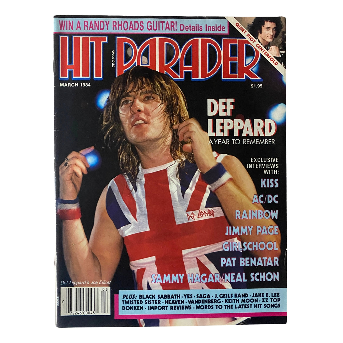 Cover of Hit Parader Magazine from March 1984 featuring Def Leppard's Joe Elliott wearing a Union Jack shirt. The magazine highlights exclusive interviews with various rock artists and includes promotional details about winning a Randy Rhoads guitar.