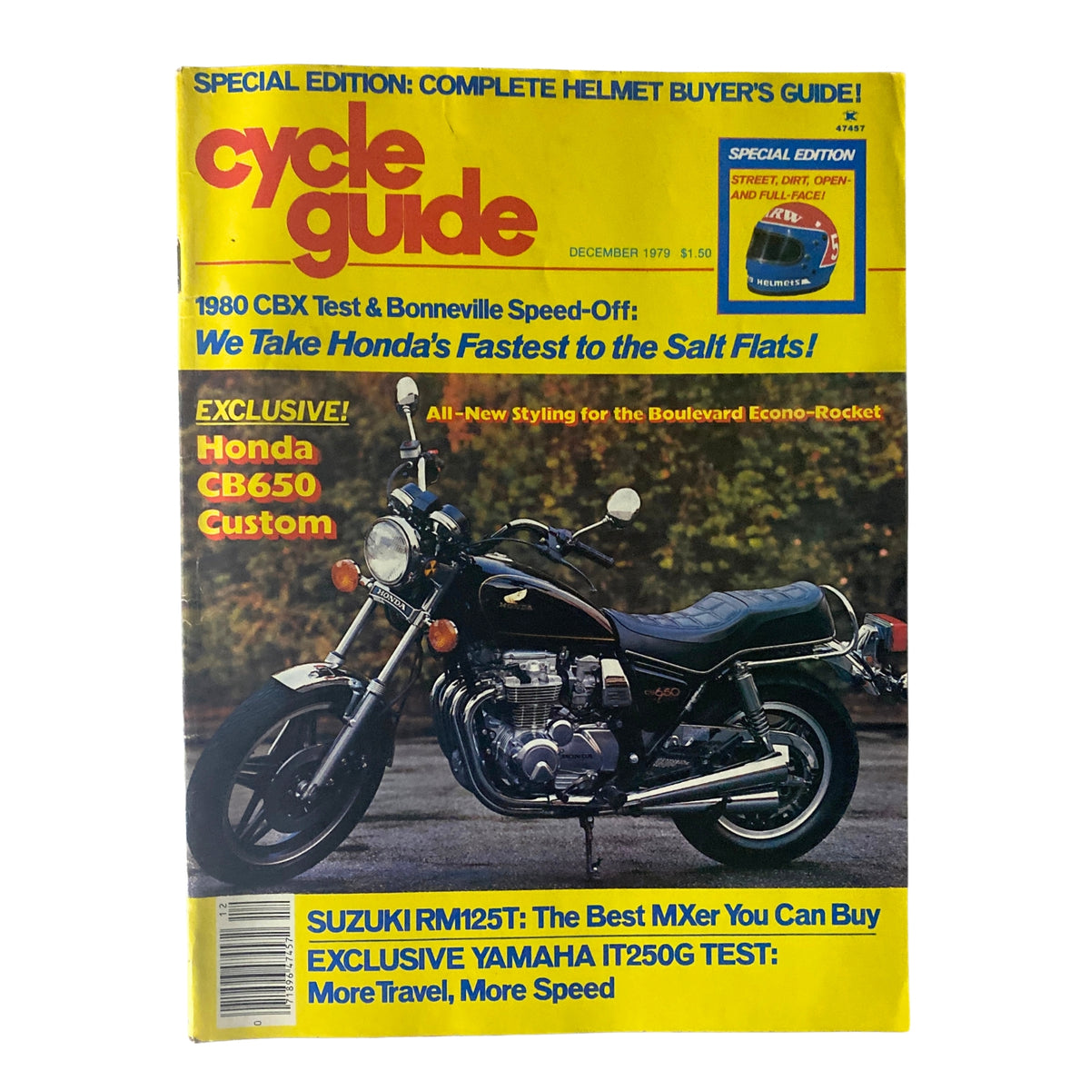 Cover of Cycle Guide Magazine December 1979 featuring Honda CB650 Custom, showcasing motorcycle innovations of the late 1970s.