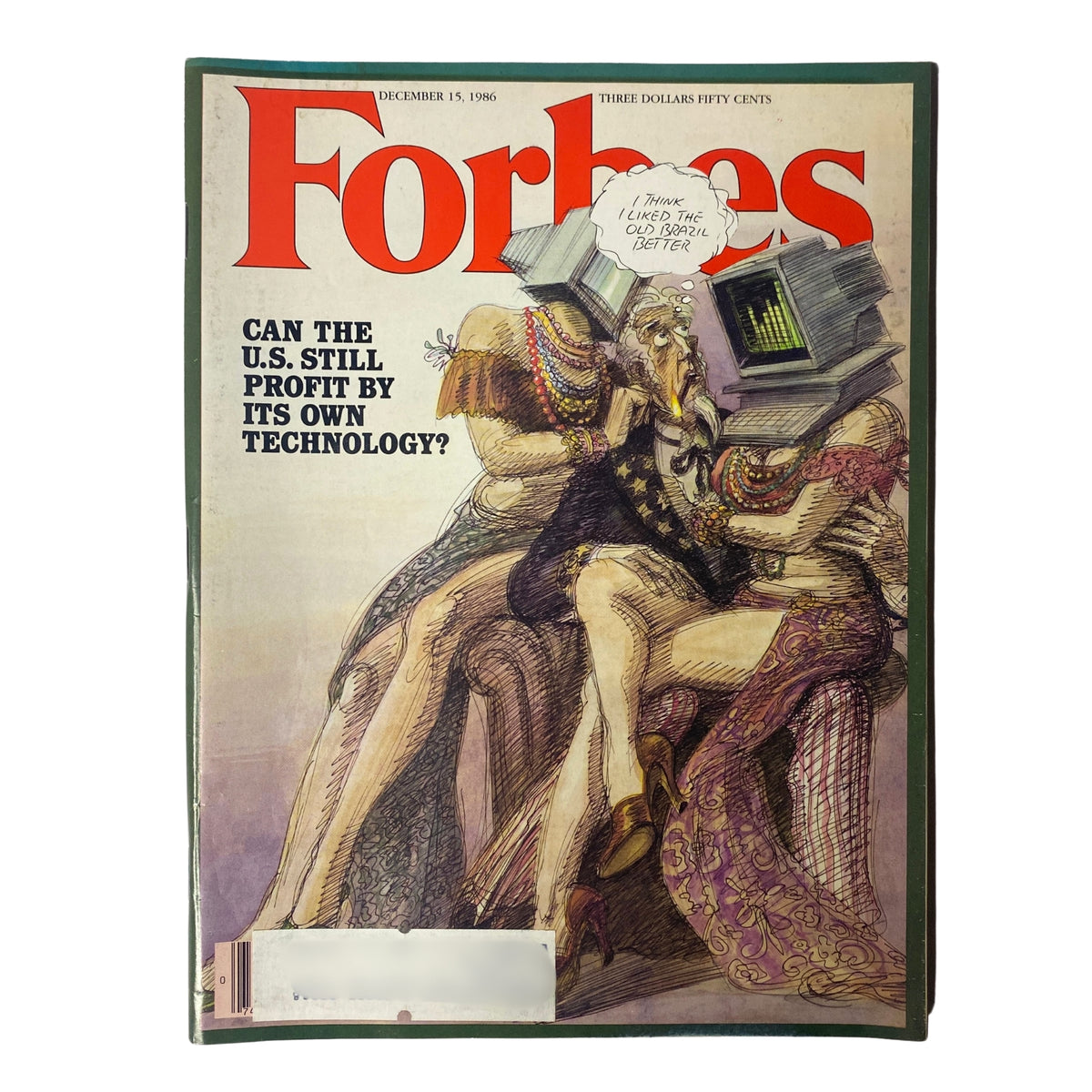 Forbes Magazine cover from December 15, 1986, featuring the headline 'Can the U.S. Still Profit by Its Own Technology?' with an illustration depicting technology's impact on economy.